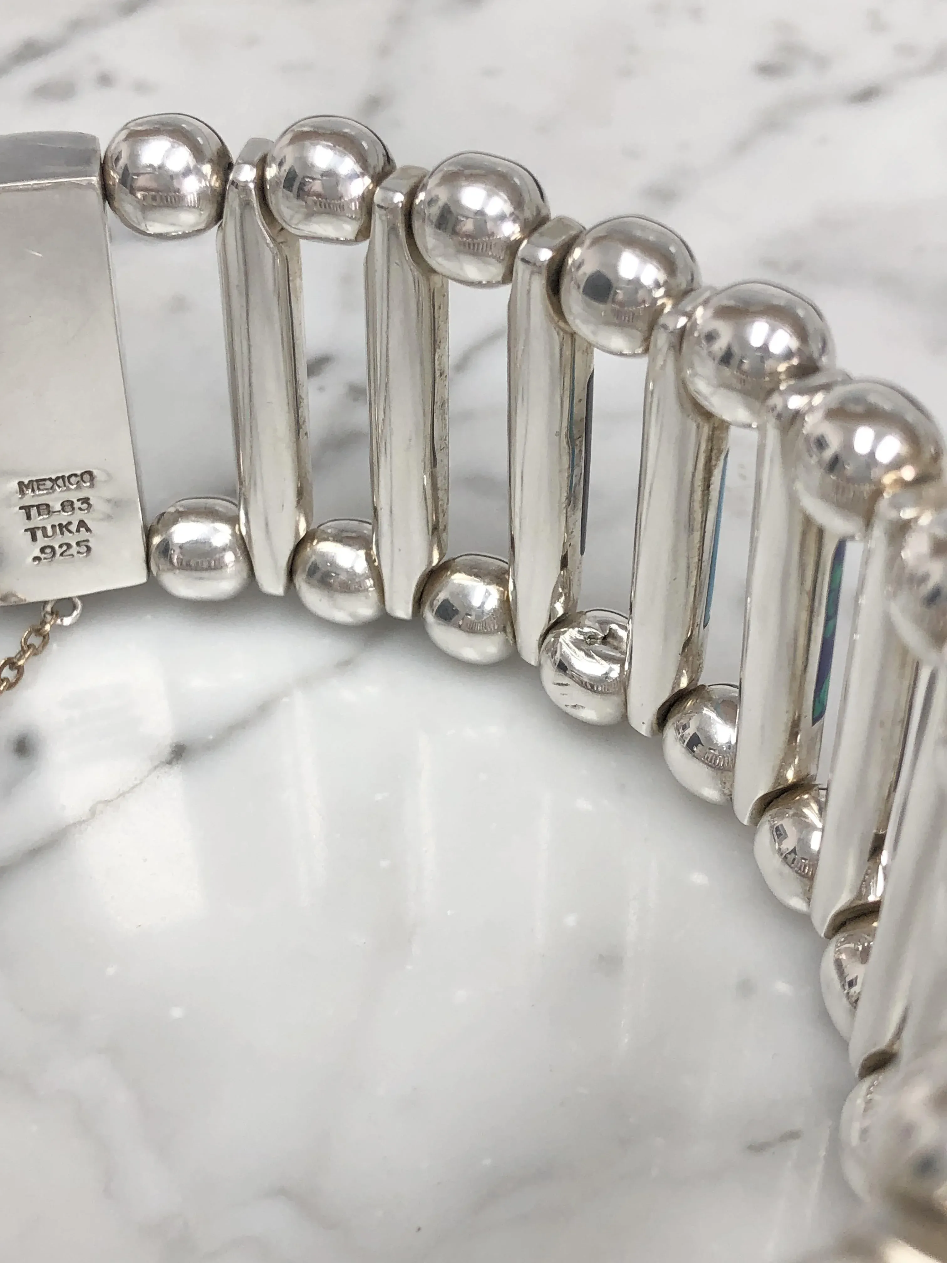 Vintage Tuka Mexican Modernist Silver Gemstone Inlay Bracelet, 1970s, 7.5\