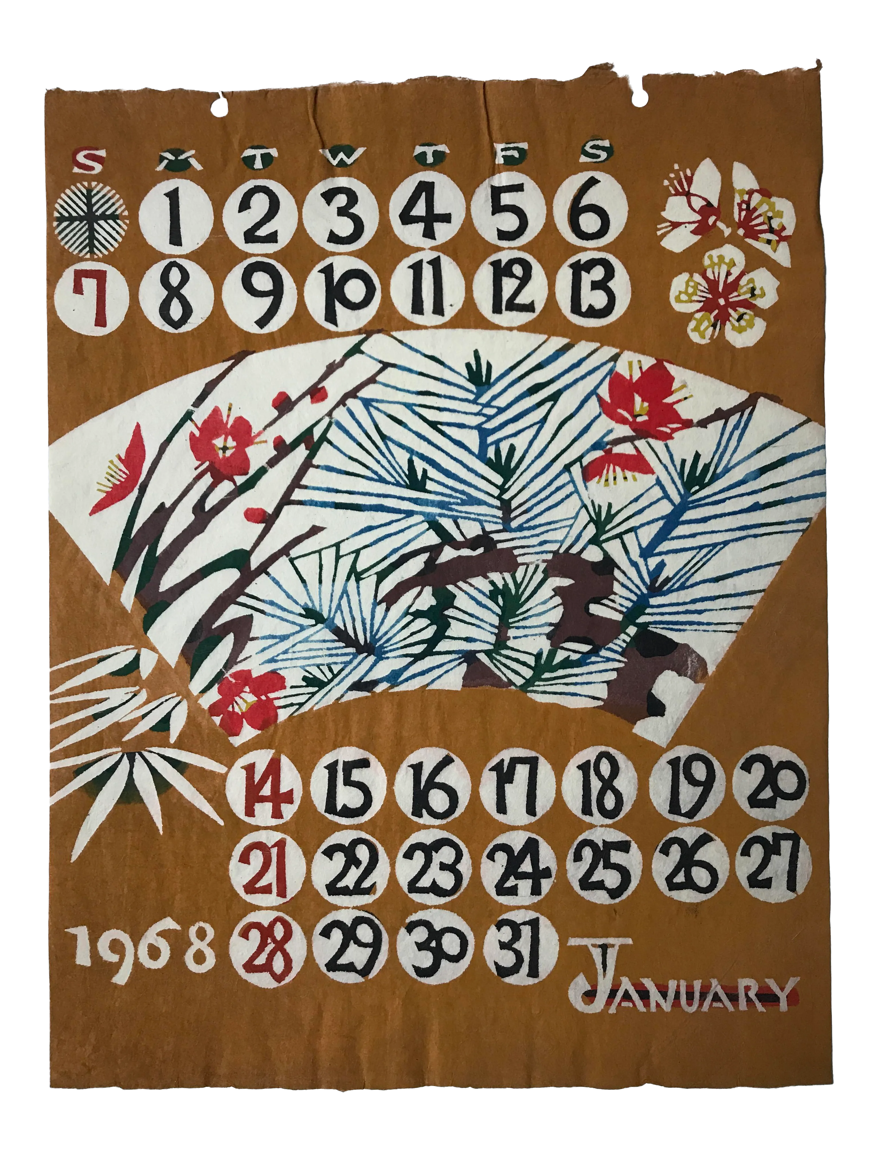 Vintage Japanese Hand Stenciled Wall Art Calendar Print January | Chairish
