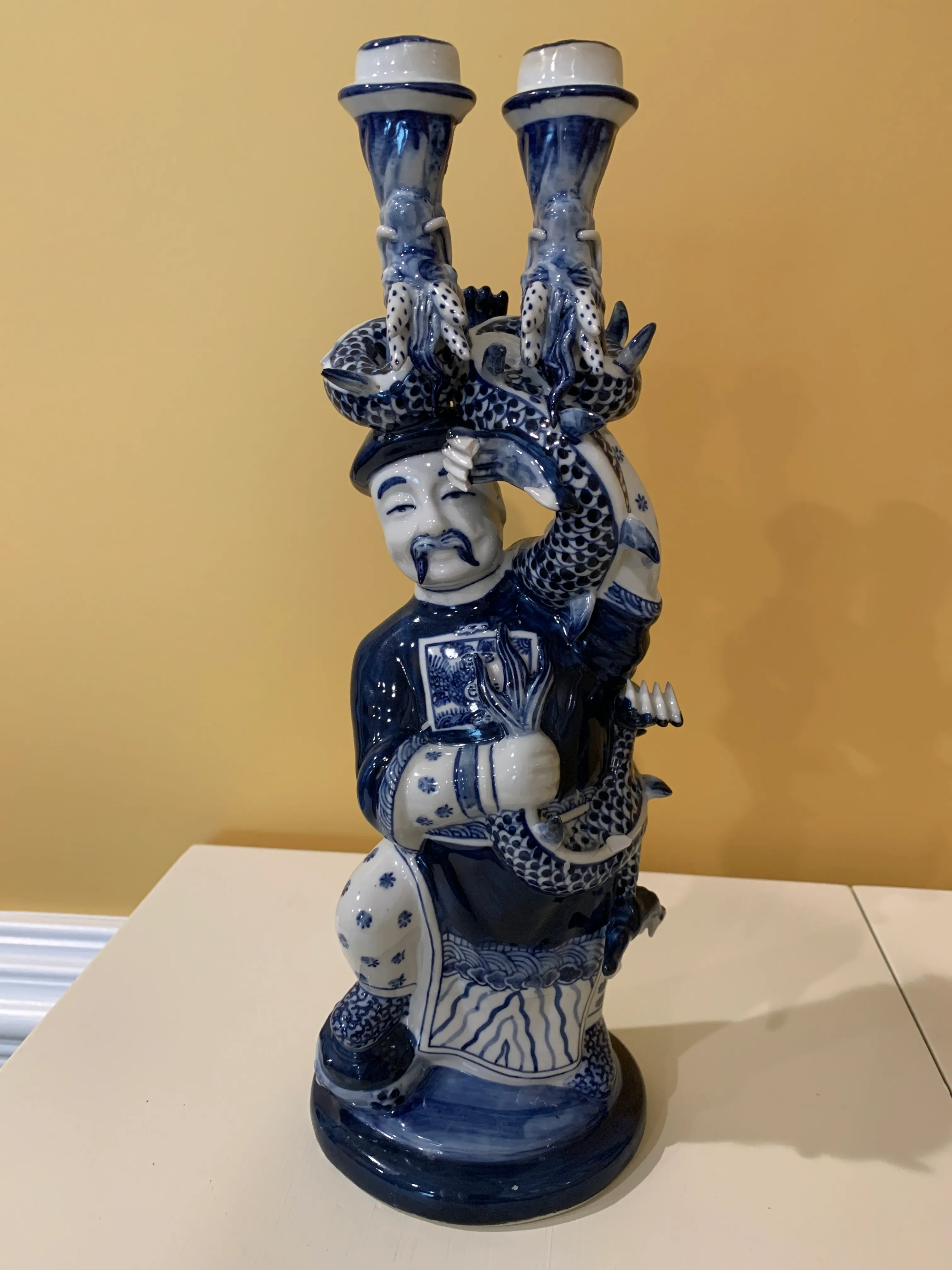 Blue & White Chinese Porcelain Figural Serpentine Candle