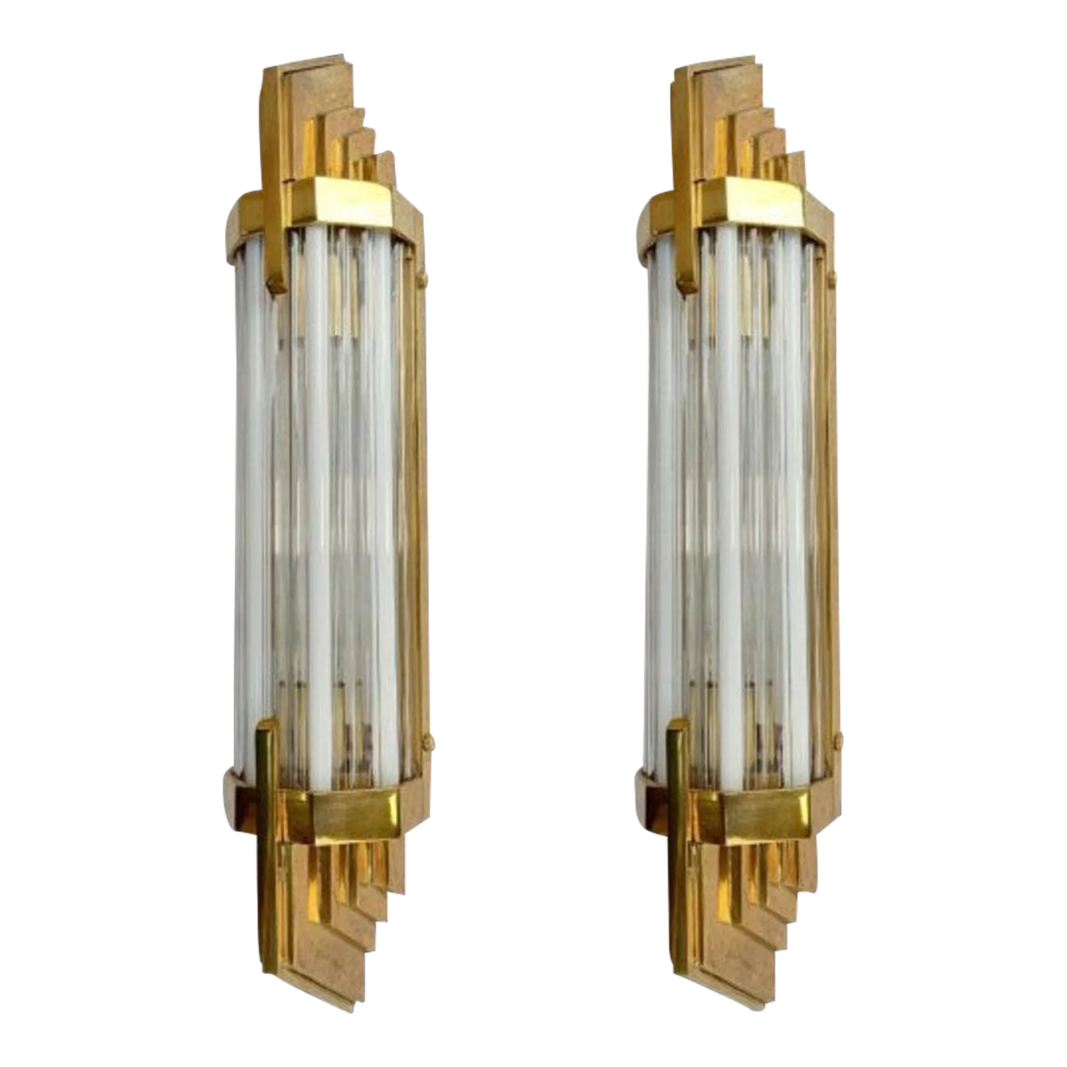 Vintage Art Deco Skyscraper Wall Sconces in Brass & Glass - a Pair | Chairish