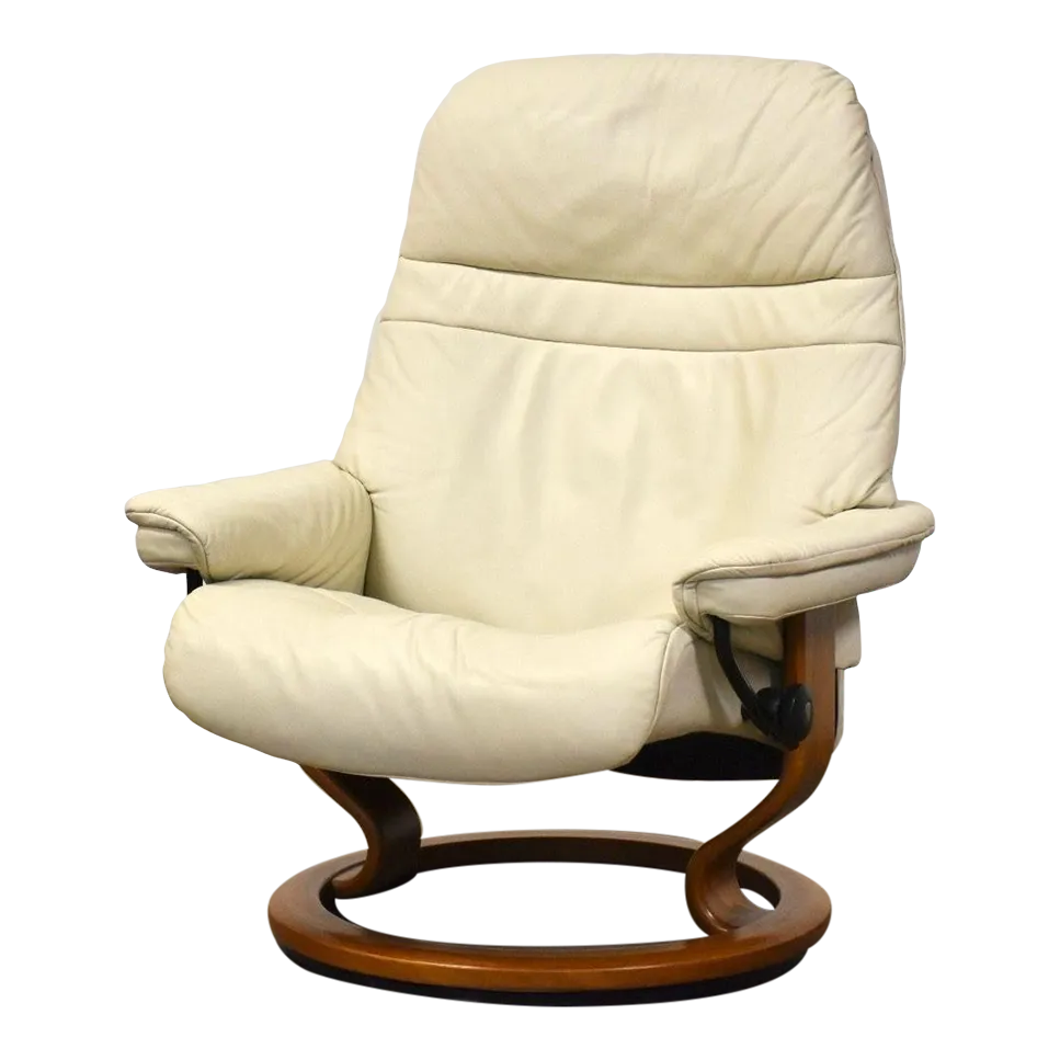 1970s Ekornes White Leather and Teak Lounge Chair Chairish
