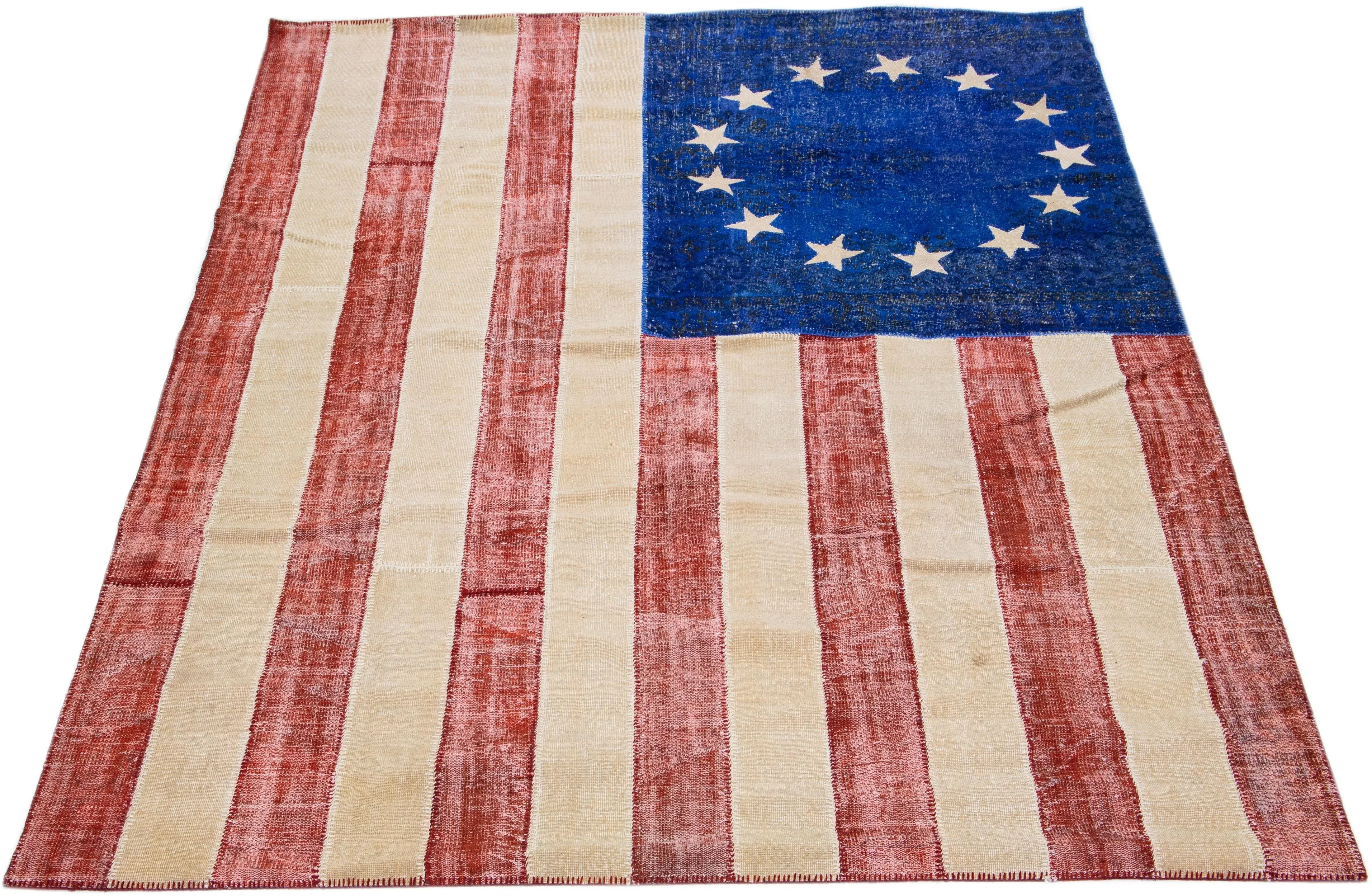 Mid-Century Vintage American Flag Patchwork Wool Rug | Chairish