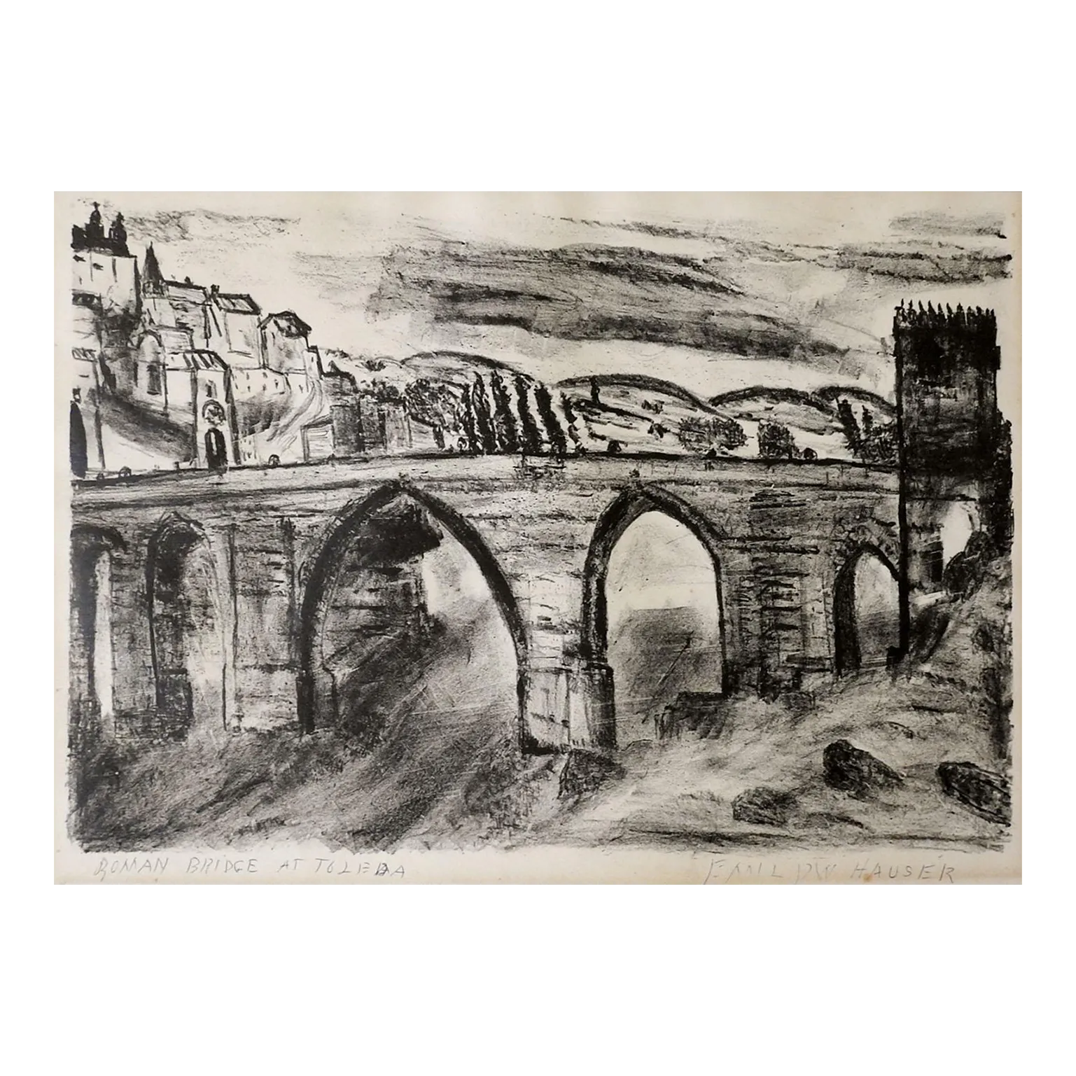 Vintage Mid Century Roman Bridge Toledo Spain Lithograph