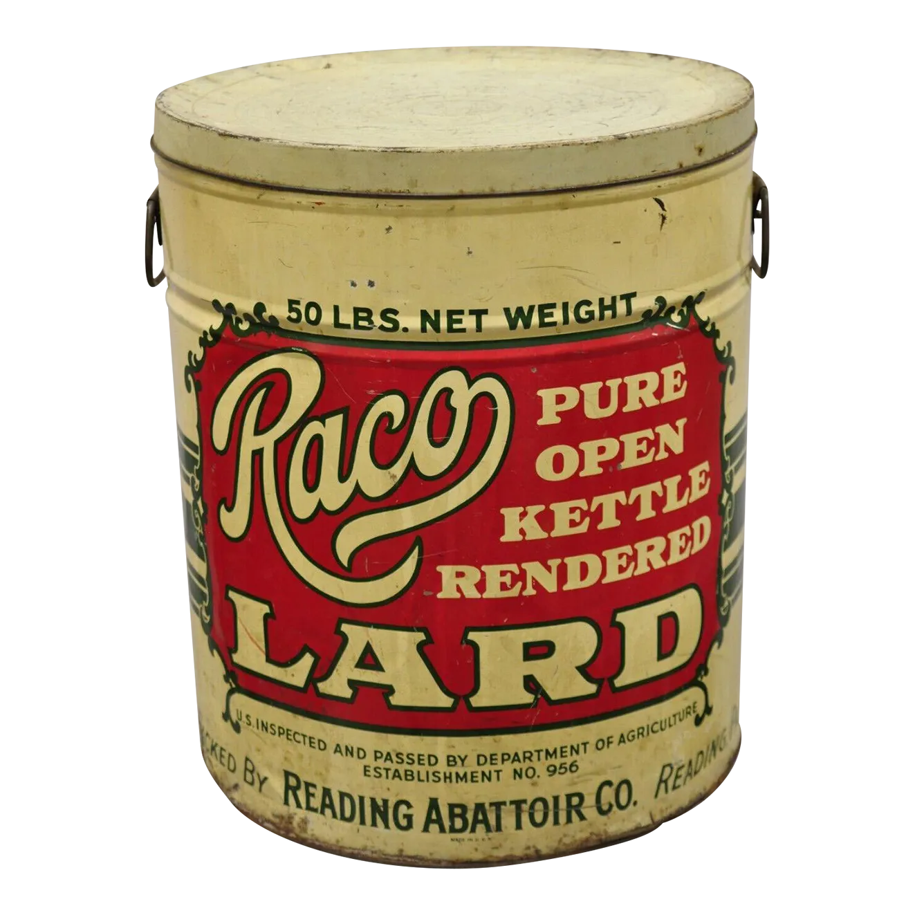 Antique Raco 25 Lbs. Advertising Lard Tin Can Reading Pa Twin Handles