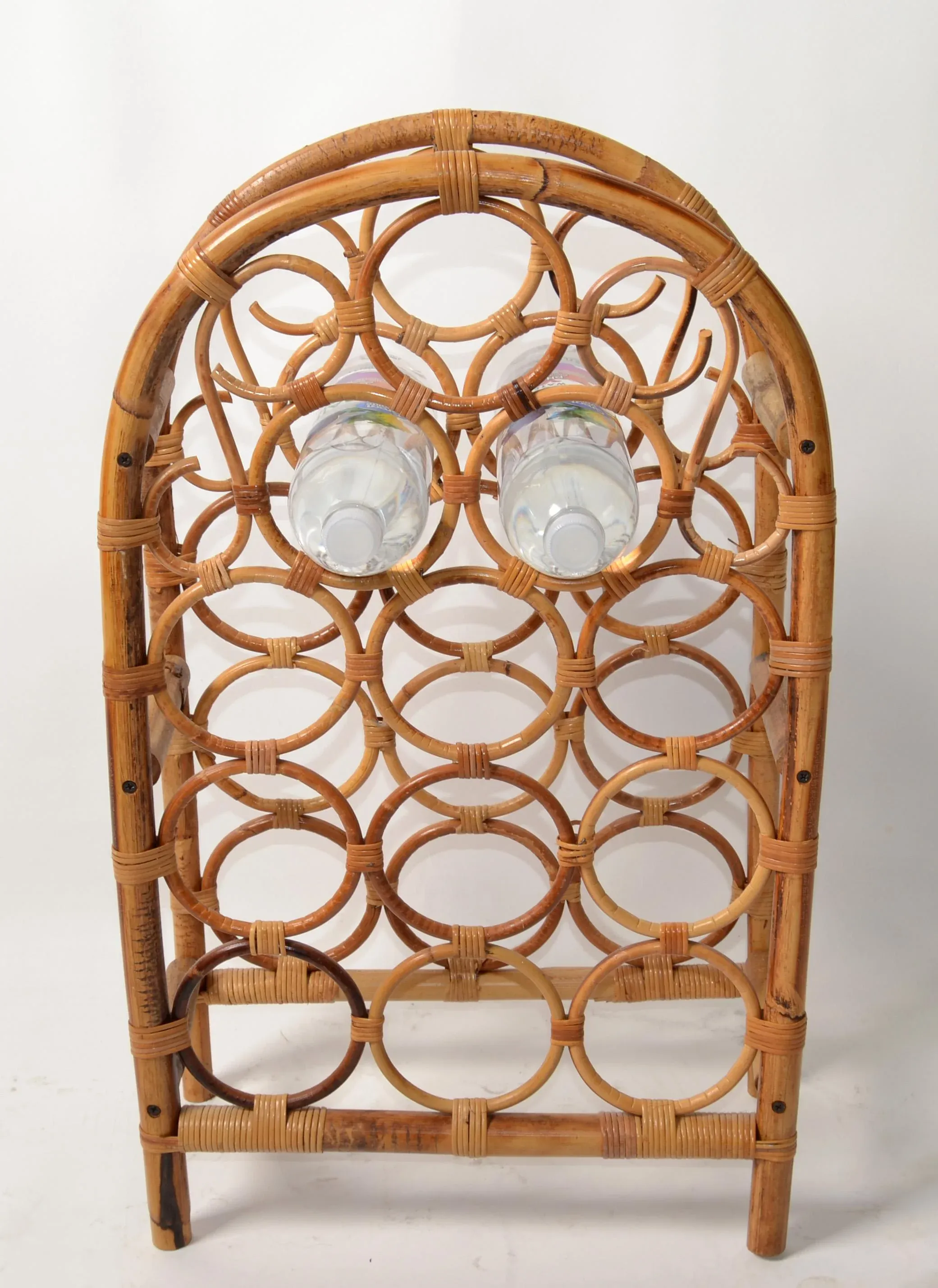 1970s Tiki Bar Arched Twelve Bottle Wine Rack Wine Storage Basket Cane Wicker Bamboo