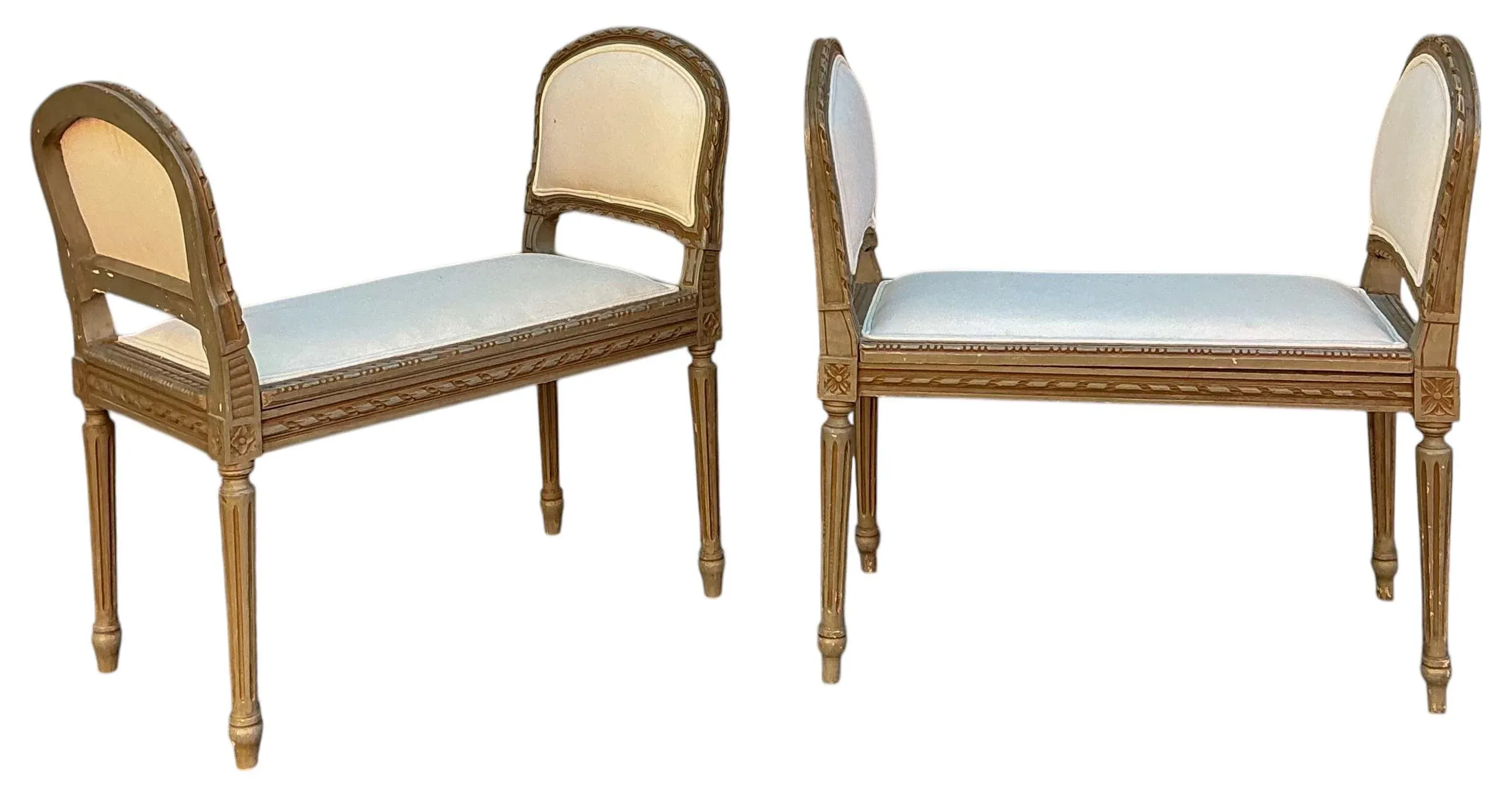 Early French Louis XVI Style Painted Carved Fruitwood Benches / Ottomans -Pair