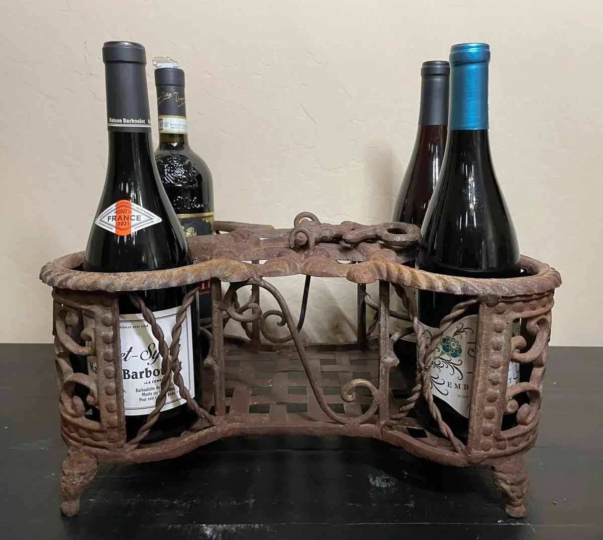 Antique French Country Cast Iron Wrought Iron Wine Bottle Holder