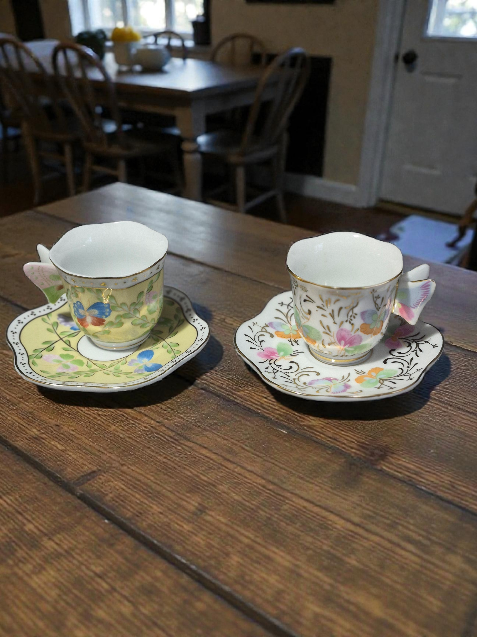 Late 20th Century Formalities Baum Brothers Floral Butterfly Handle  Demi-Tasse Cup & Saucer Pair | Chairish
