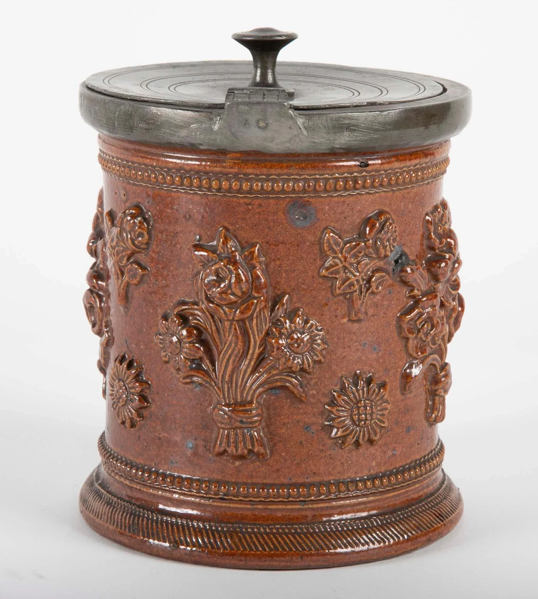 18th Century German Salt Glaze Tobacco Jar with Pewter Mounts