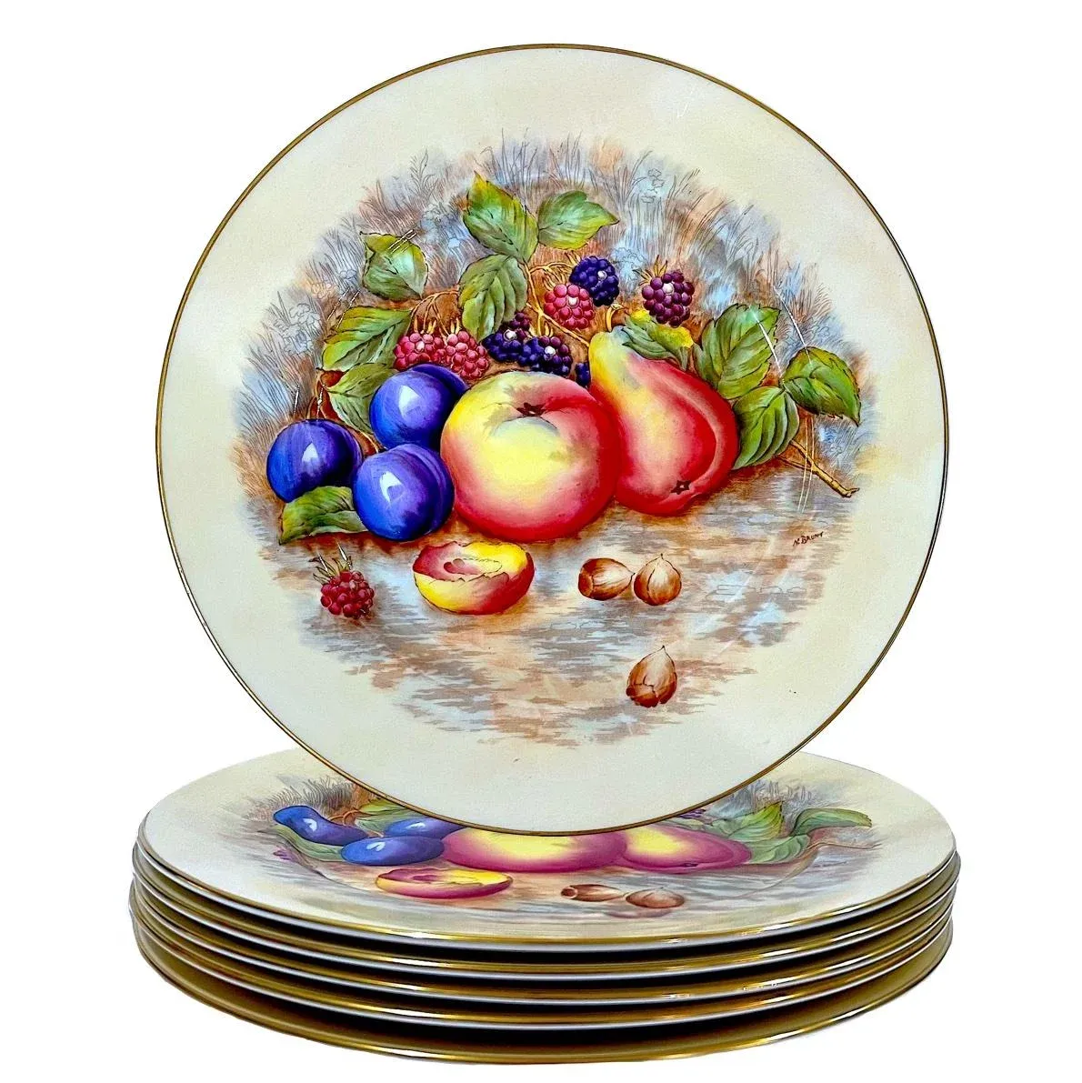 Aynsley Orchard Fruit Gold Dinner Plates - Hand-Painted - Set of