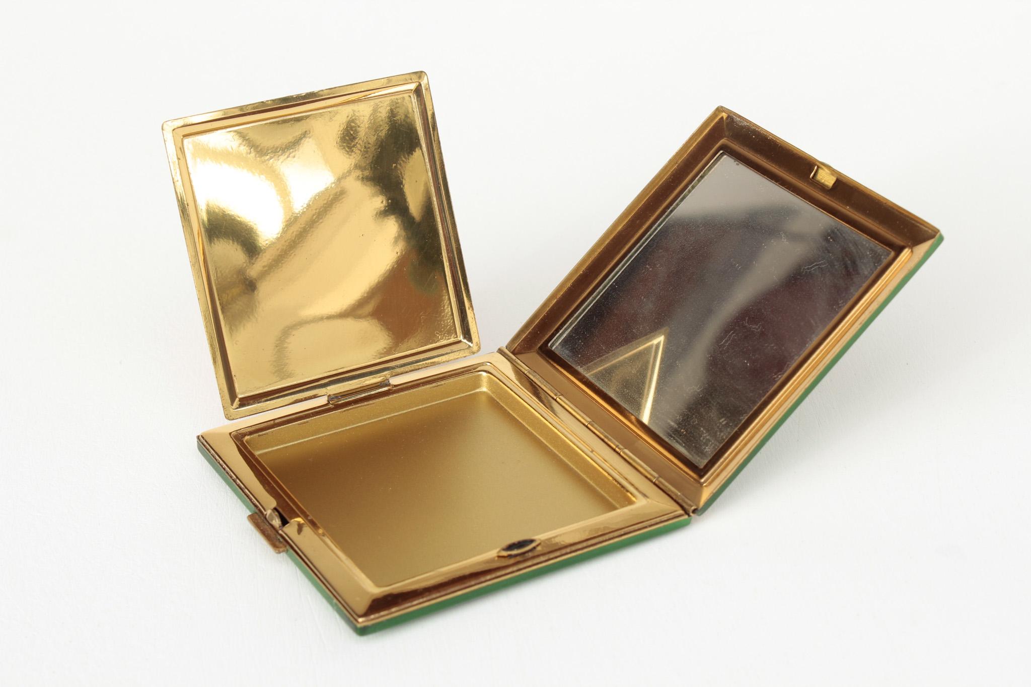 Art Deco Style Square Powder Compact with Green Tortoiseshell
