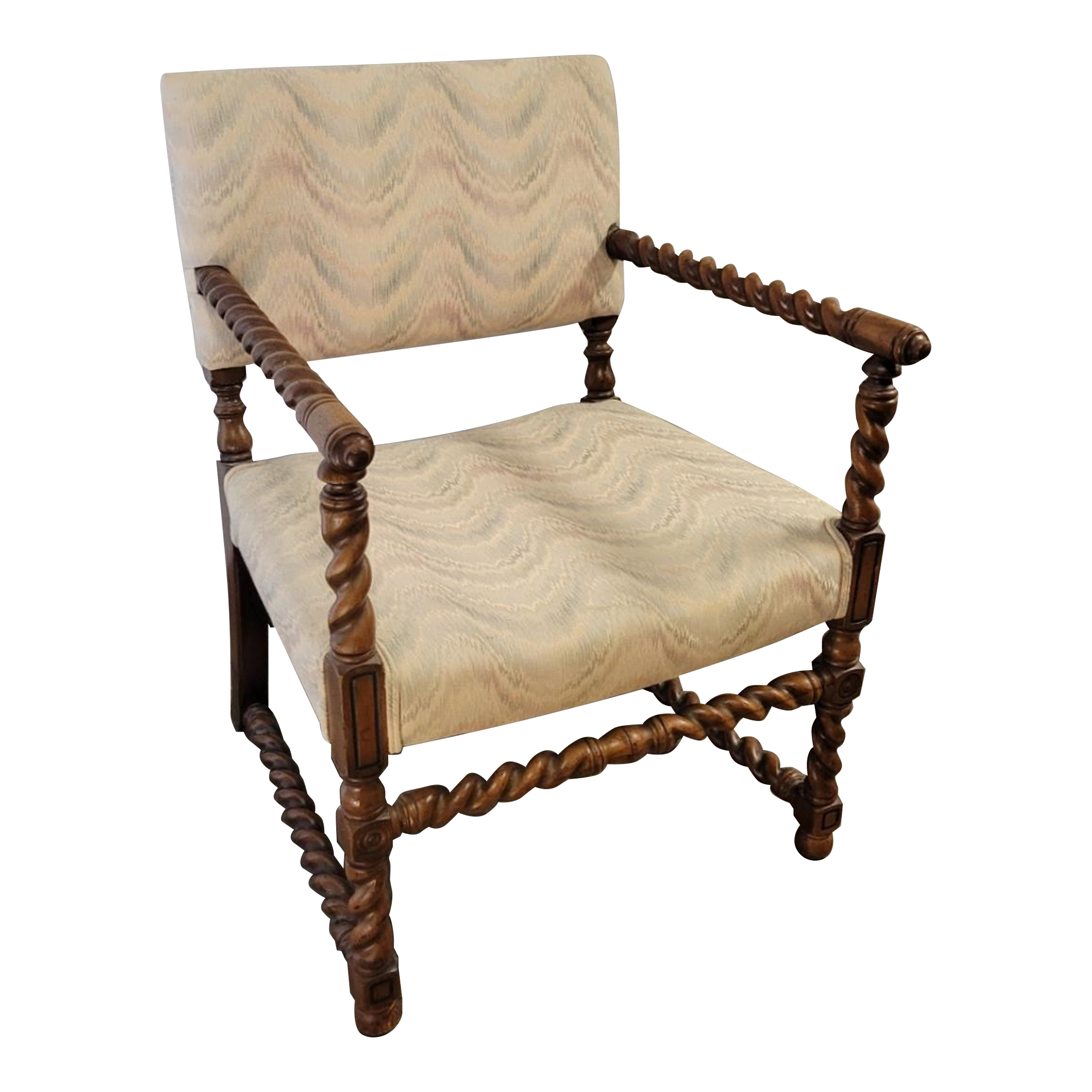Antique FrancoFlemish Baroque Walnut Barley Twist Style Armchair