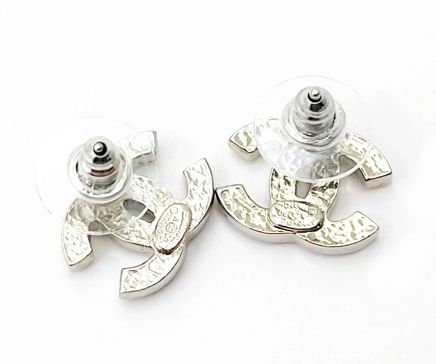 Chanel Classic Silver CC Crystal Medium Piercing Earrings