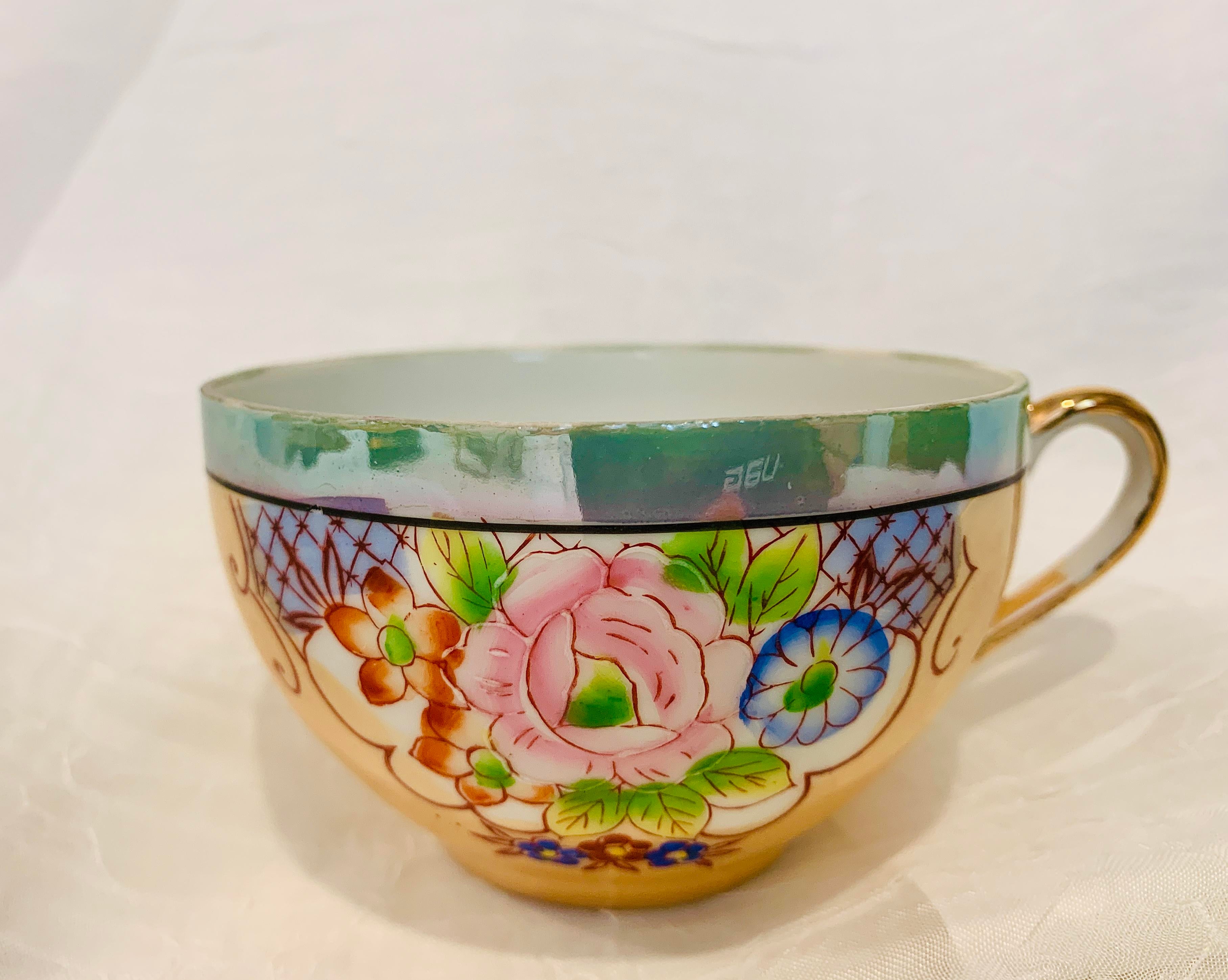 おちゃ 1930s Japanese Lusterware Complete Tea Set for Six- 21 Pieces