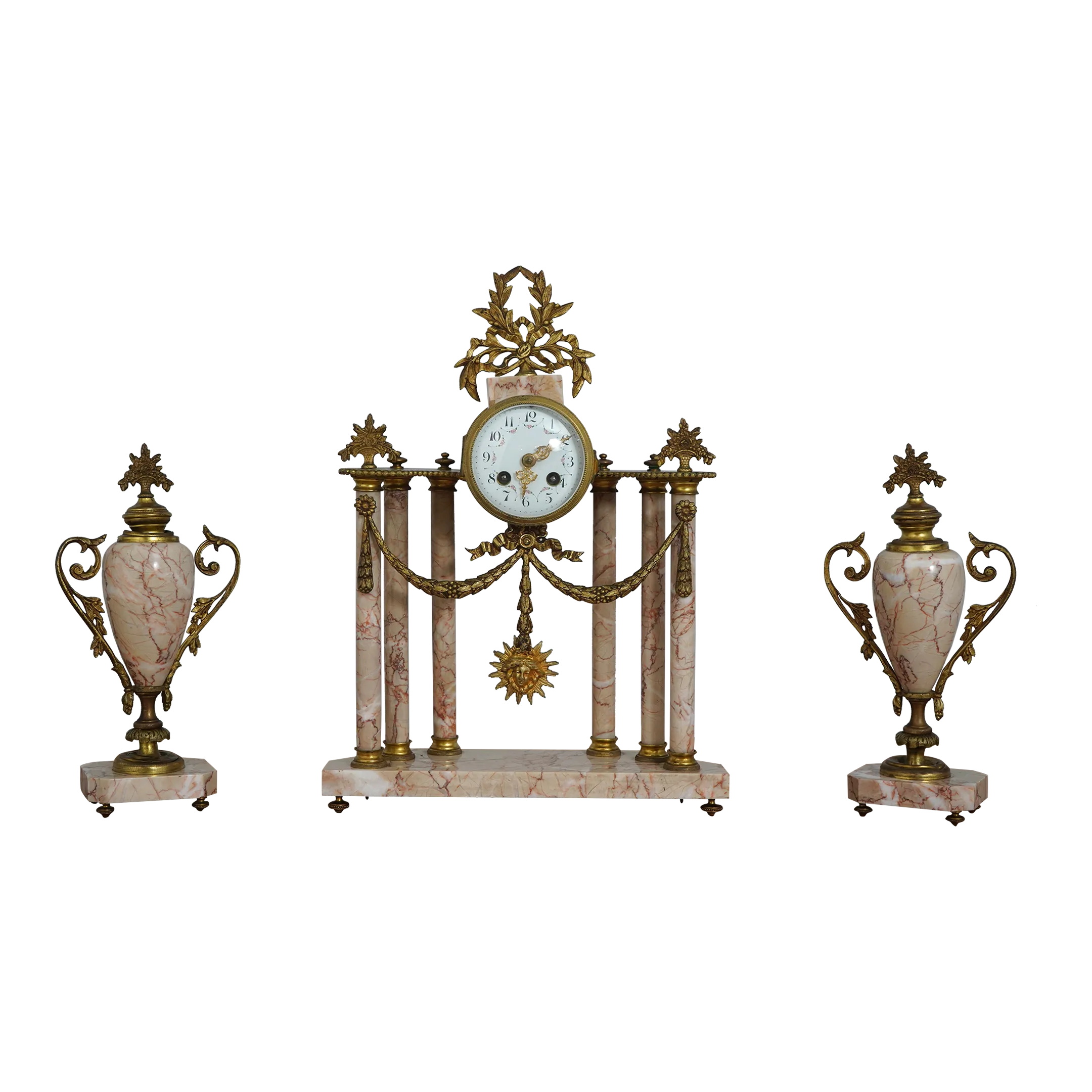 French 3 Piece Marble & Bronze Clock Set | Chairish