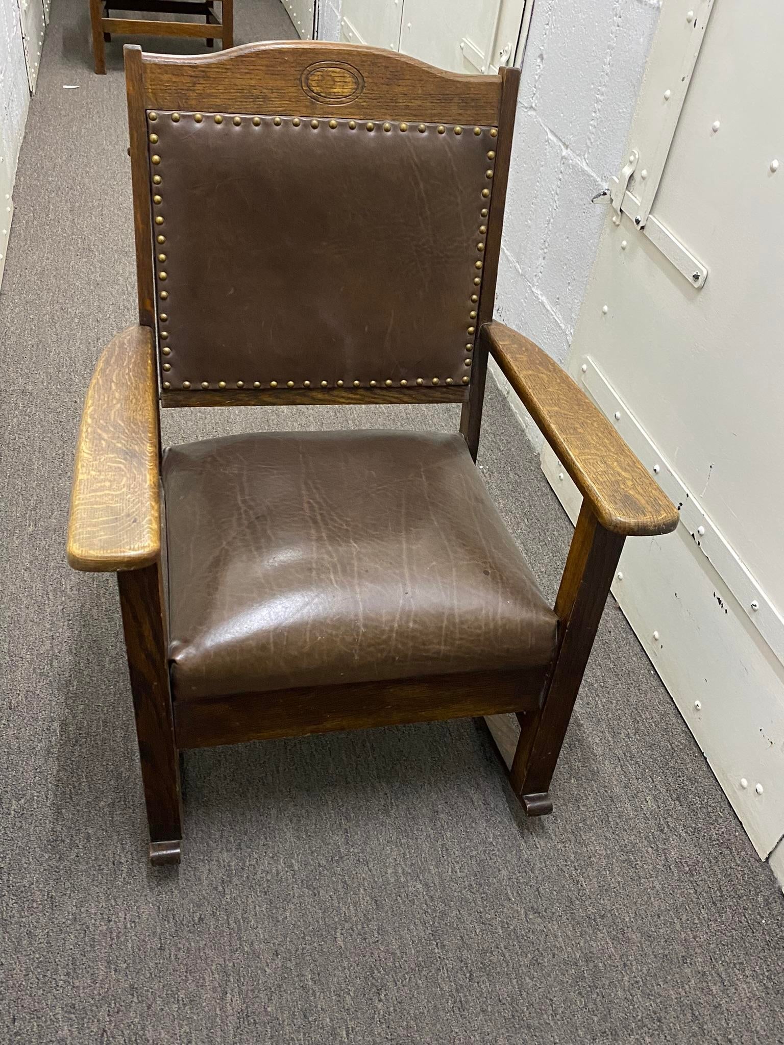 Antique Arts and Crafts Quarter Sawn Oak and Leather Rocking Chair