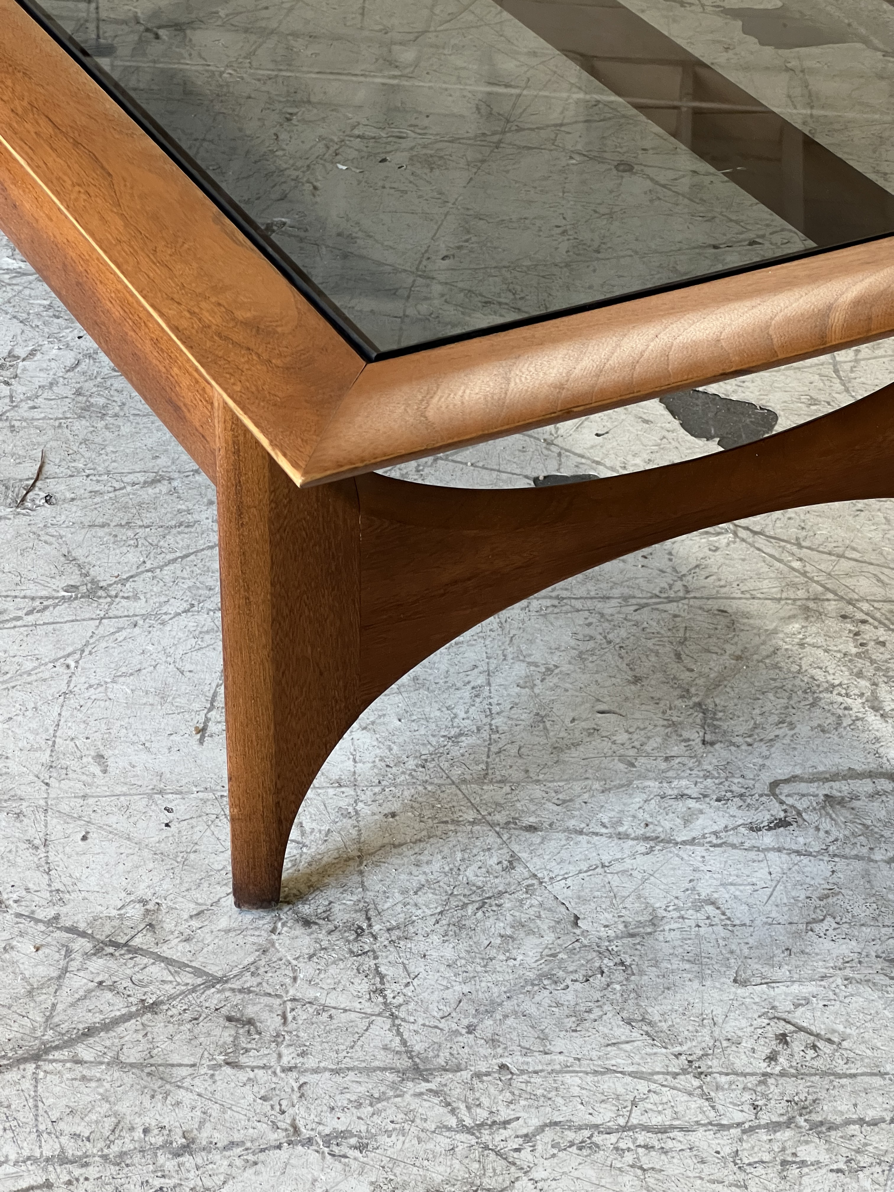 Mid Century Modern Lane Sculpted Walnut and Smoked Glass Top