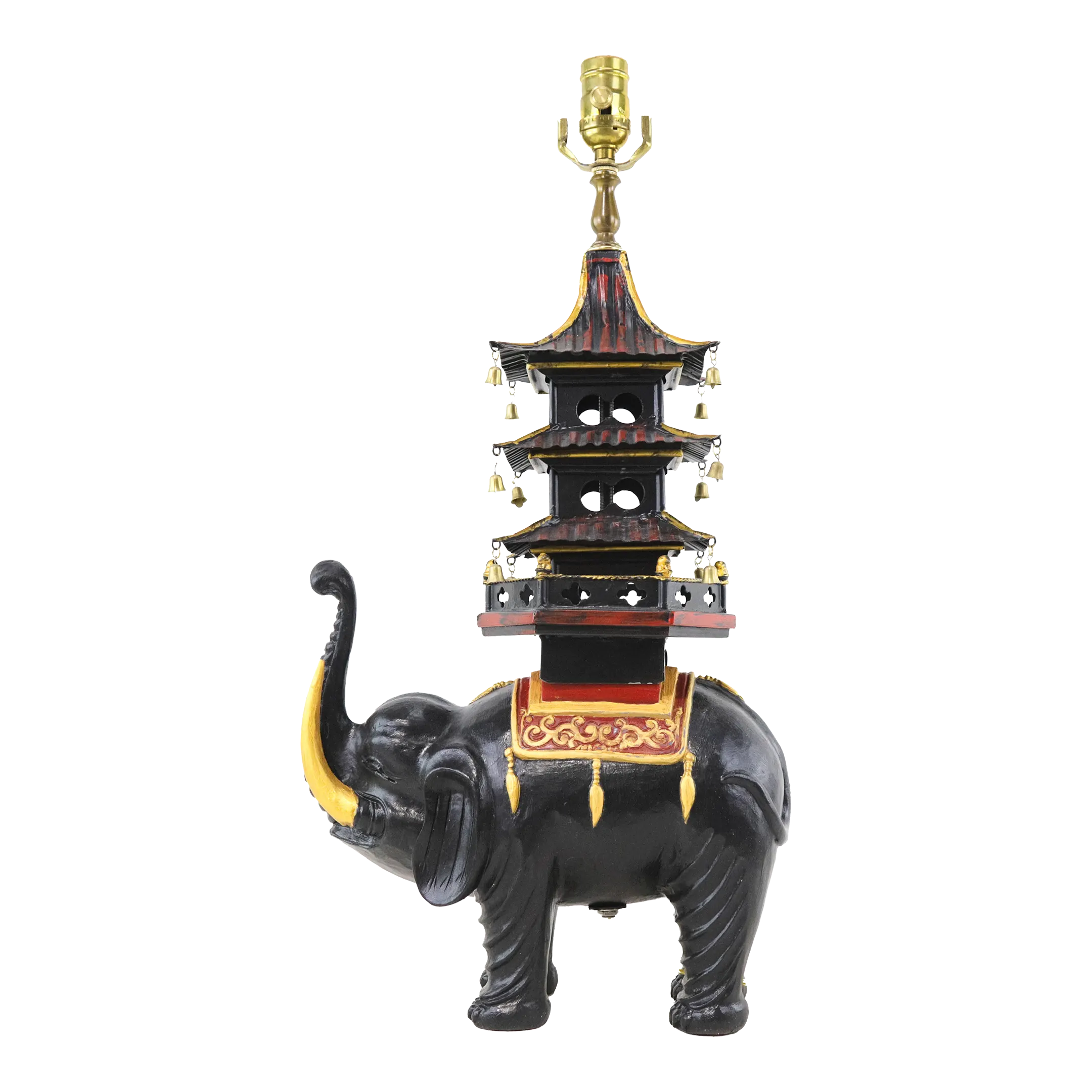 Vintage Hand-Painted Black Elephant Pagoda Table Lamps