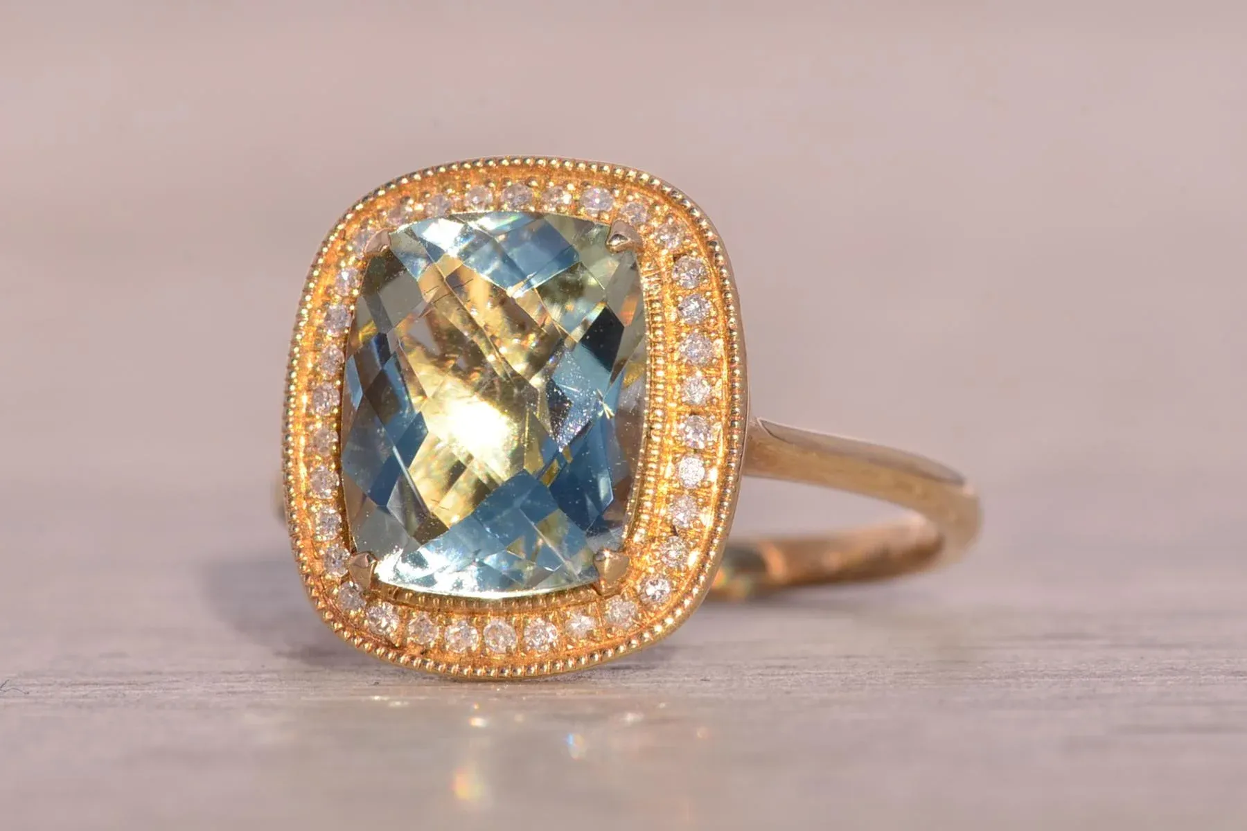 Praisiolite and Natural Diamond Halo Ring in Yellow Gold main image 4