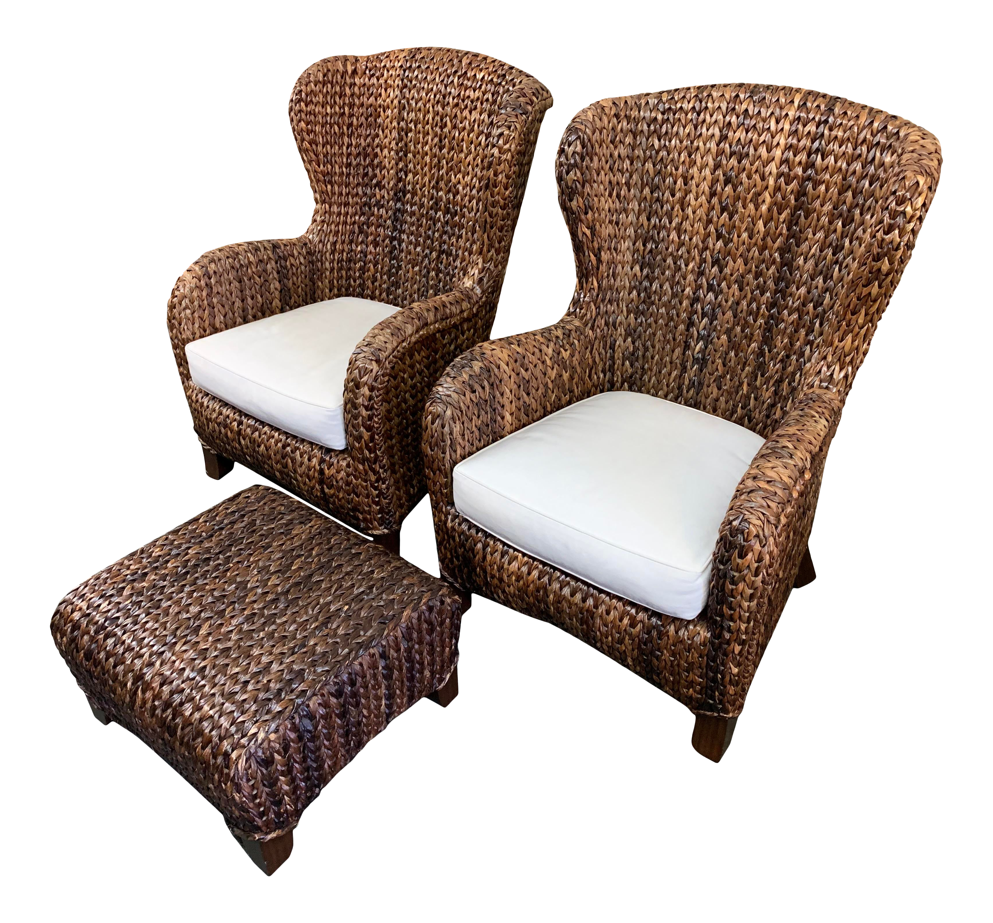 Pottery Barn Havana Seagrass Wingback Chairs Ottoman A Pair