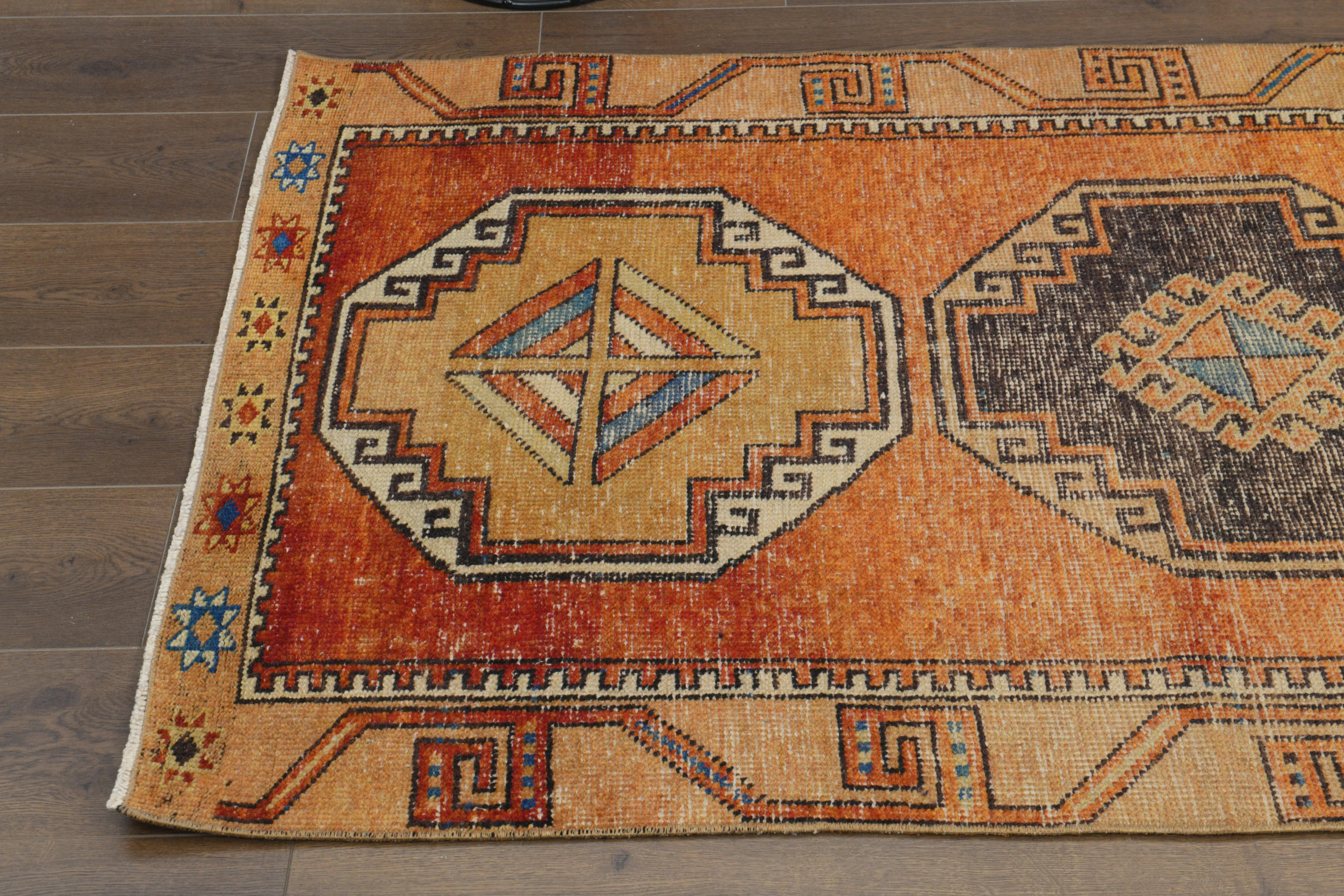 1970s Vintage Turkish Oushak Handmade Wool Cotton Orange Runner Rug