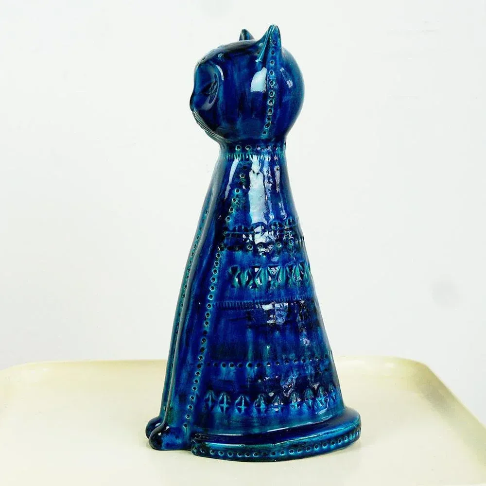 Mid-Century Italian Rimini Blu Ceramic Cat attributed to Aldo