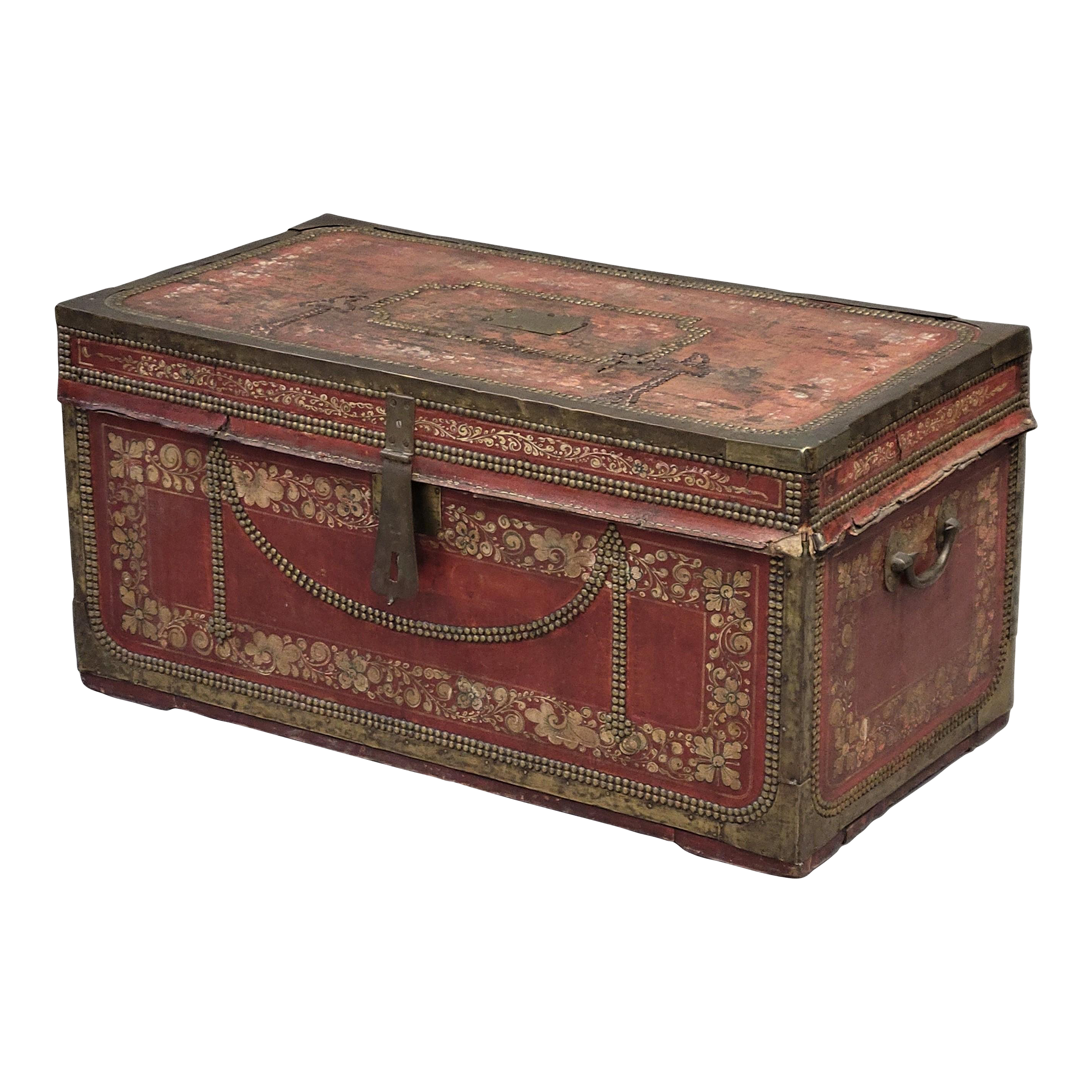 Antique Red Leather, Brass and Camphor Wood Chinese Export Trunk