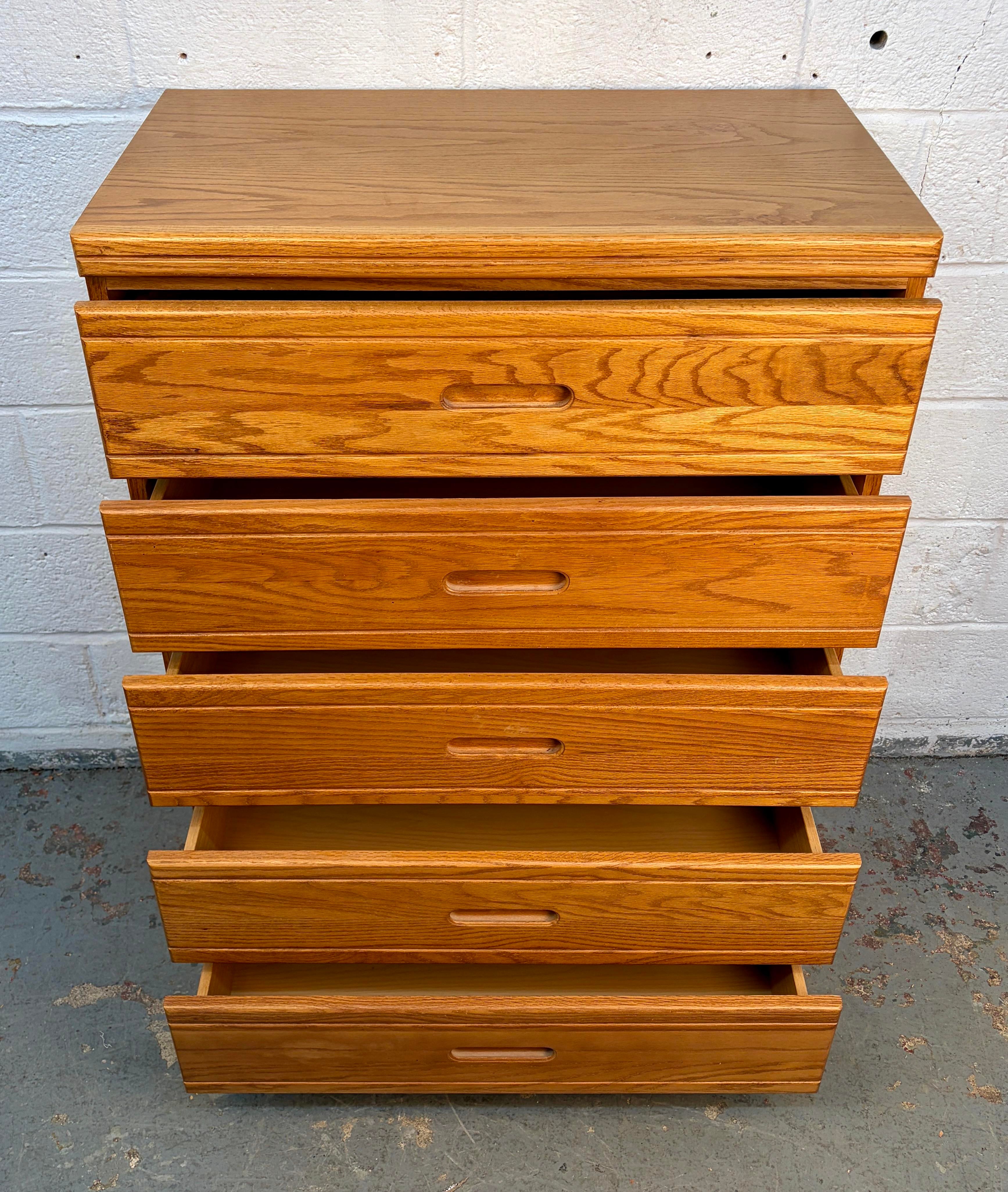 Late 20th Century Post-Modern Rounded Edge Honey Oak Five Drawer Highboy  Dresser
