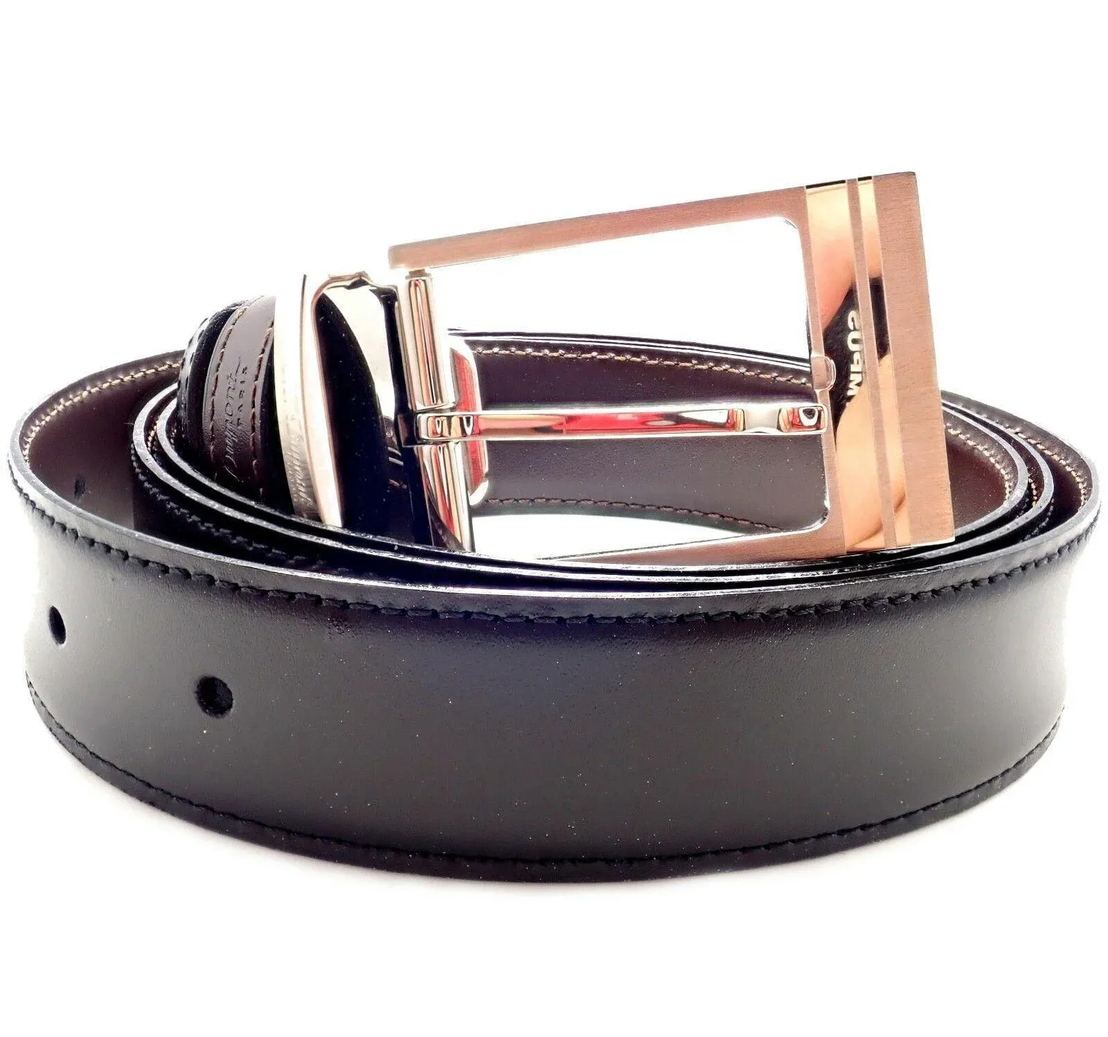S. T. Dupont Black Leather Palladium Belt w/ Box + Card 47