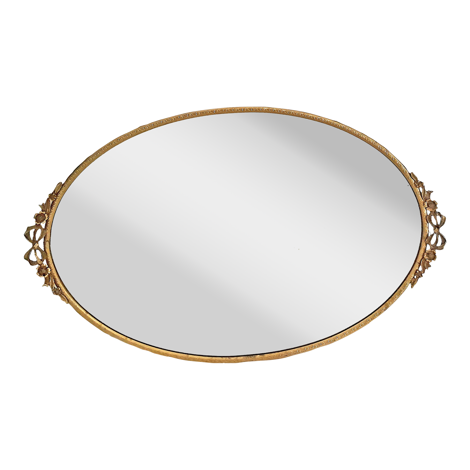 Vintage MidCentury Gold Metal Mirrored Vanity Tray With Bow & Floral