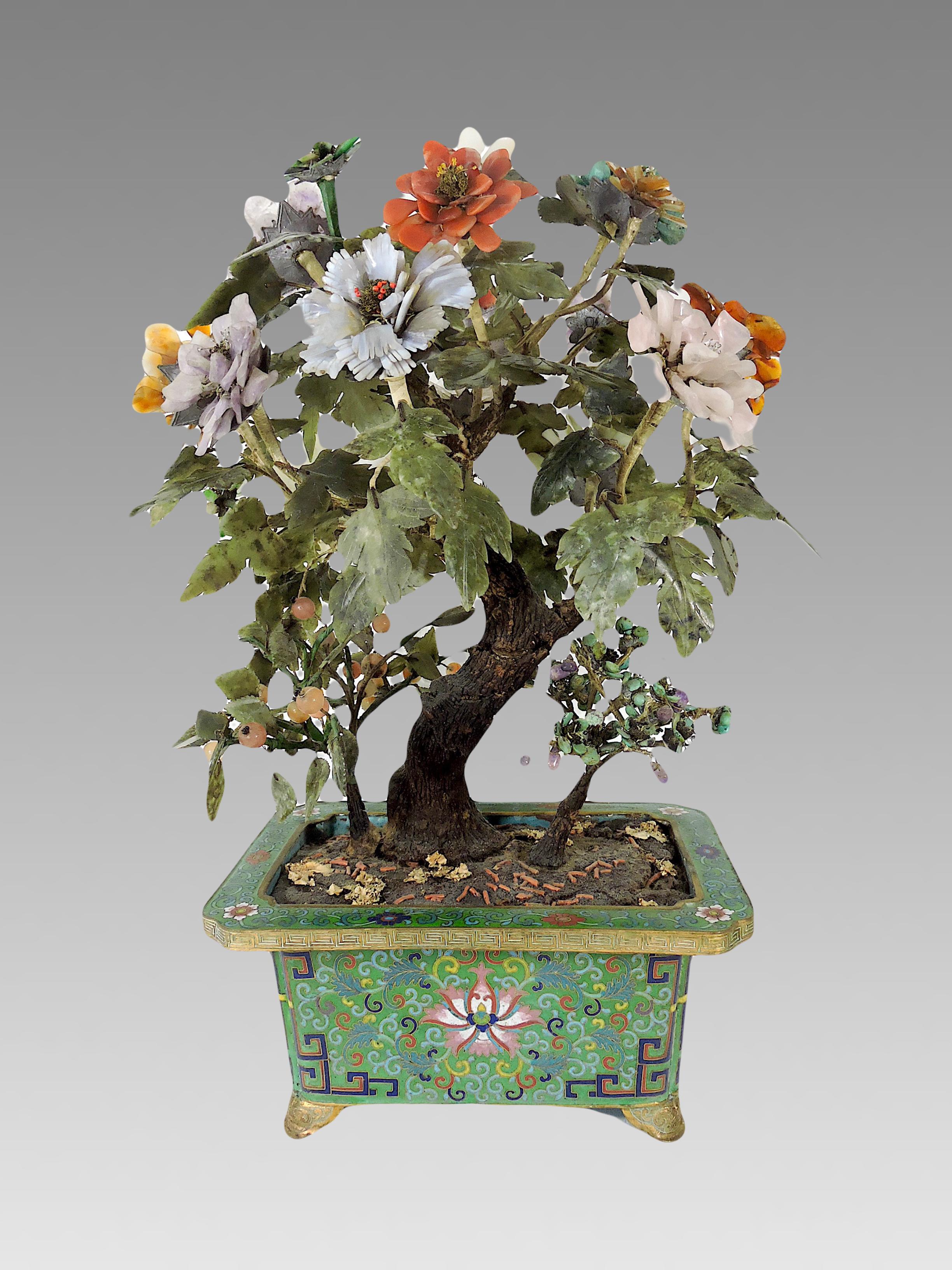Antique Chinese Jade FlowerTree With Semi Precious Gemstone