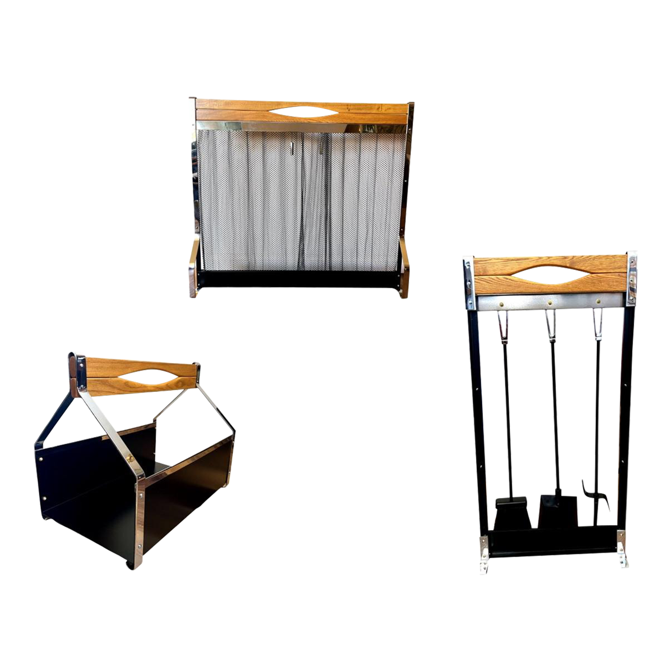 Vintage Mid Century Modern 1970s Chrome & Oak Fireplace Tools 3 Piece Set Including Screen & Log Holder, Restored