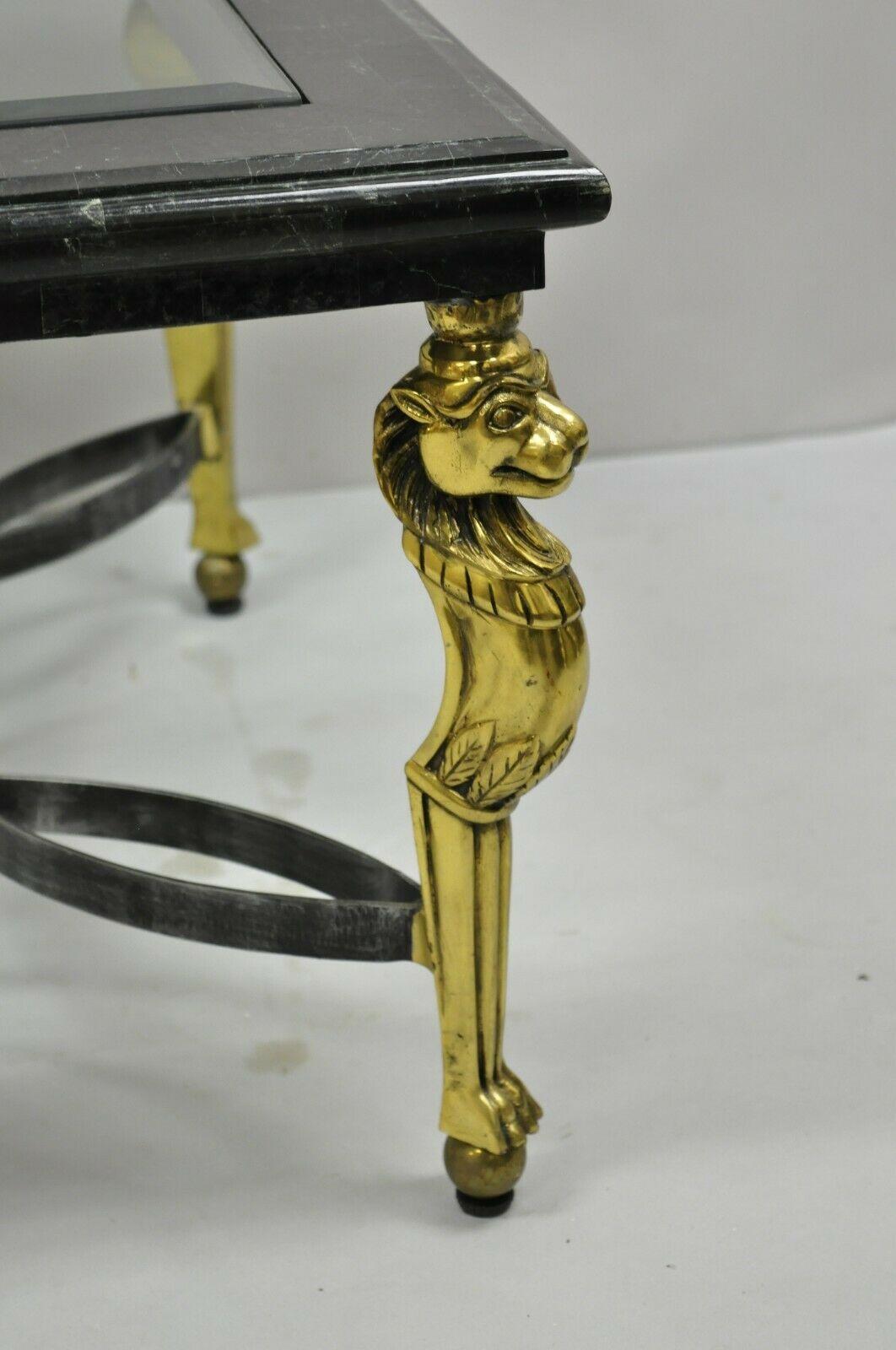 Italian Regency Style Brass Lion Marble Inlay Glass Top Italian Regency Style Brass Lion Marble Inlay Glass Top