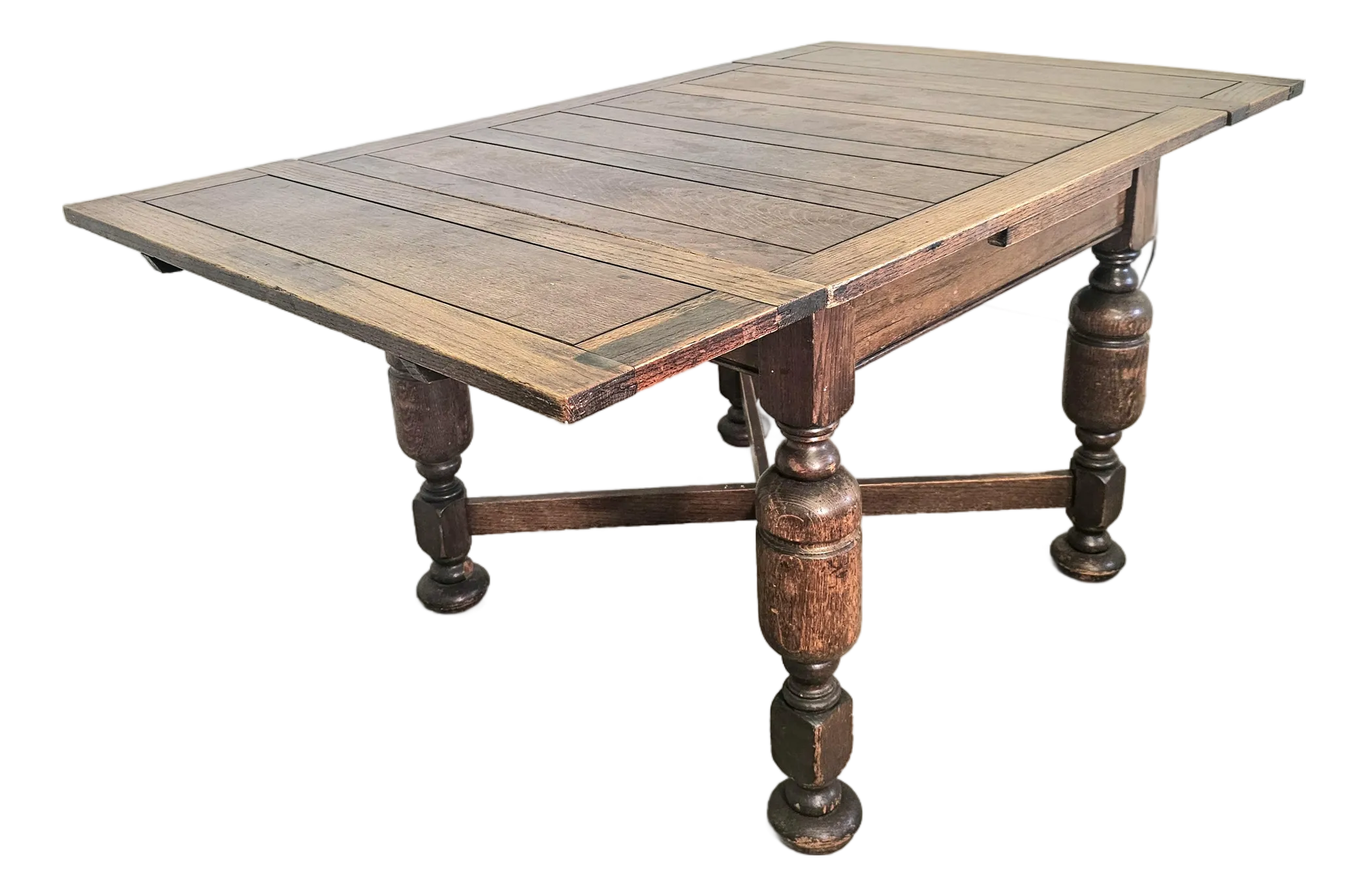 Jacobean Revival Oak Drop Leaf Dining Table, 1930s Farmhouse