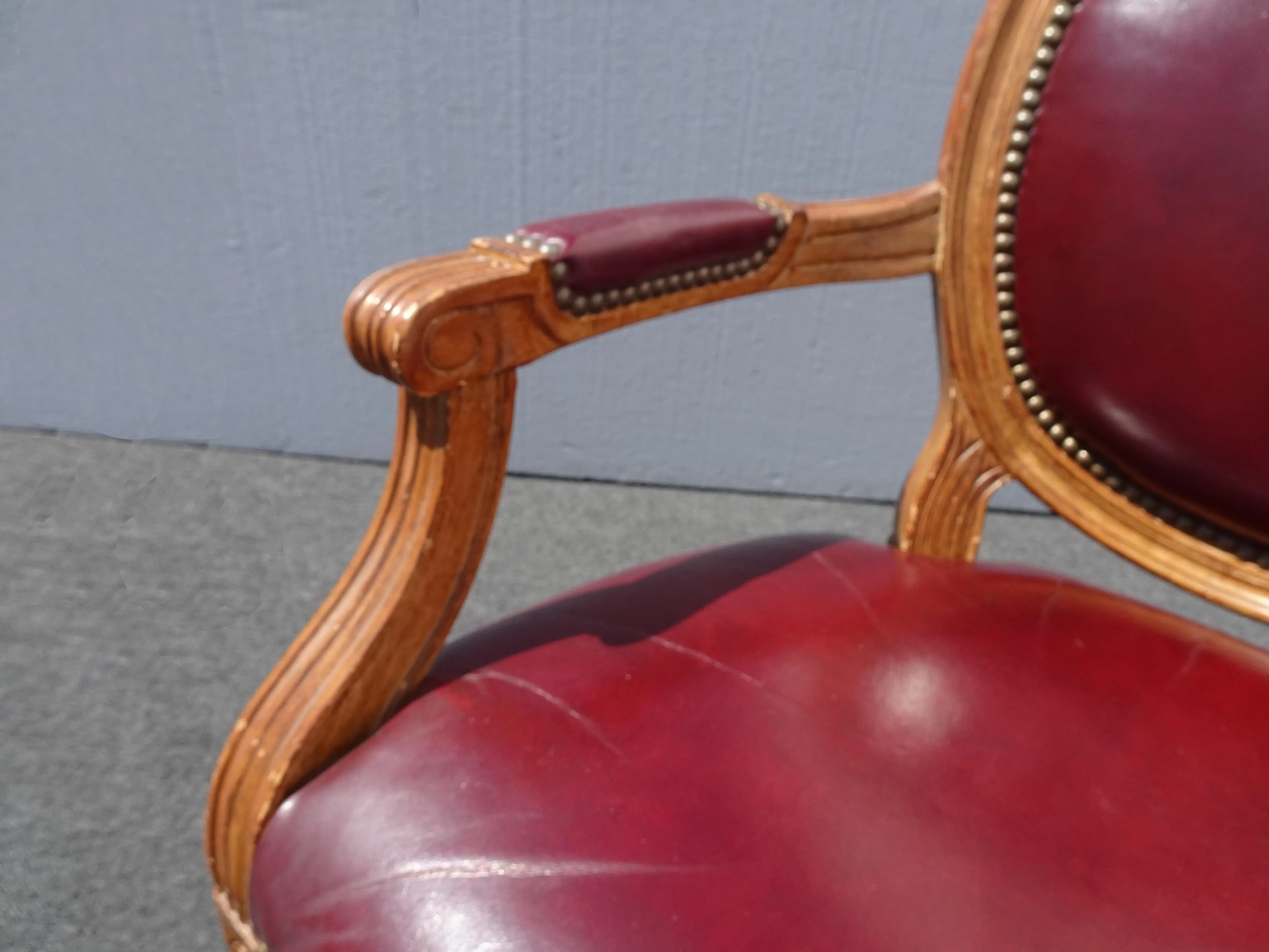 Vintage French Provincial Burgundy Leather Accent Chair With Decorative Nails