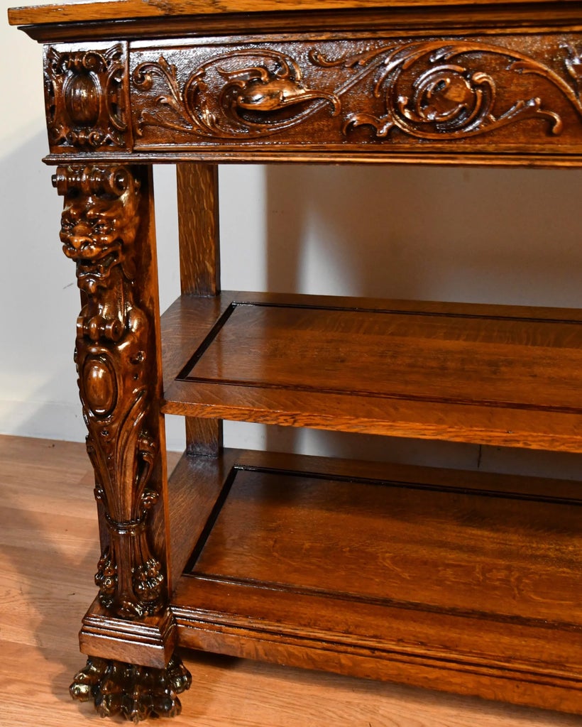 1900 Antique Rj Horner Tiger Oak Carved Griffin Server / Buffet