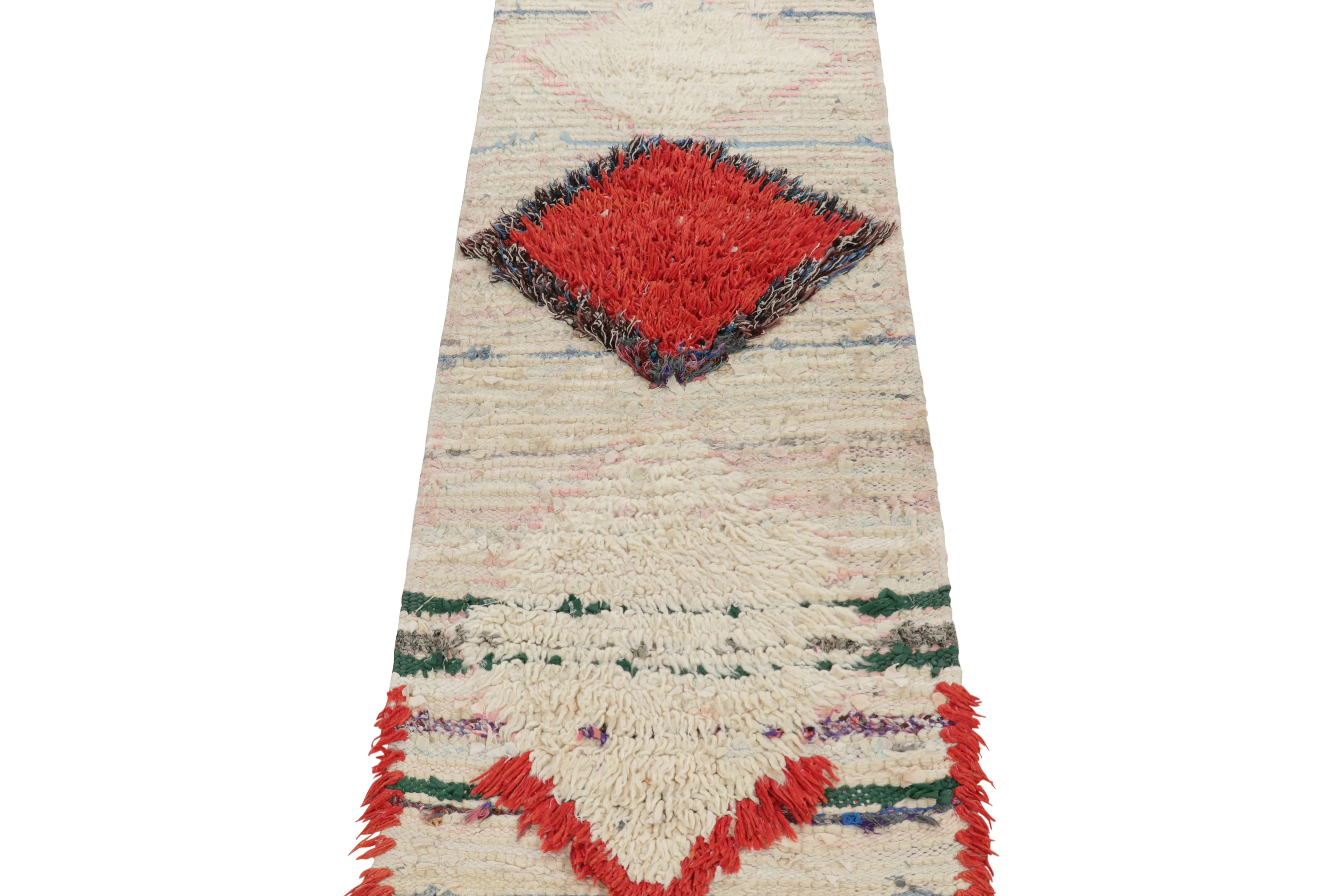 Vintage Moroccan Runner Rug With White and Red Diamond Medallions | Rug & Kilim