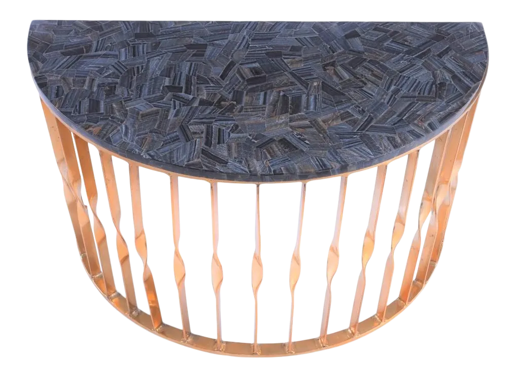 Rare Blue Tiger Eye Precious Stone Hemisphere Table With Designer Base