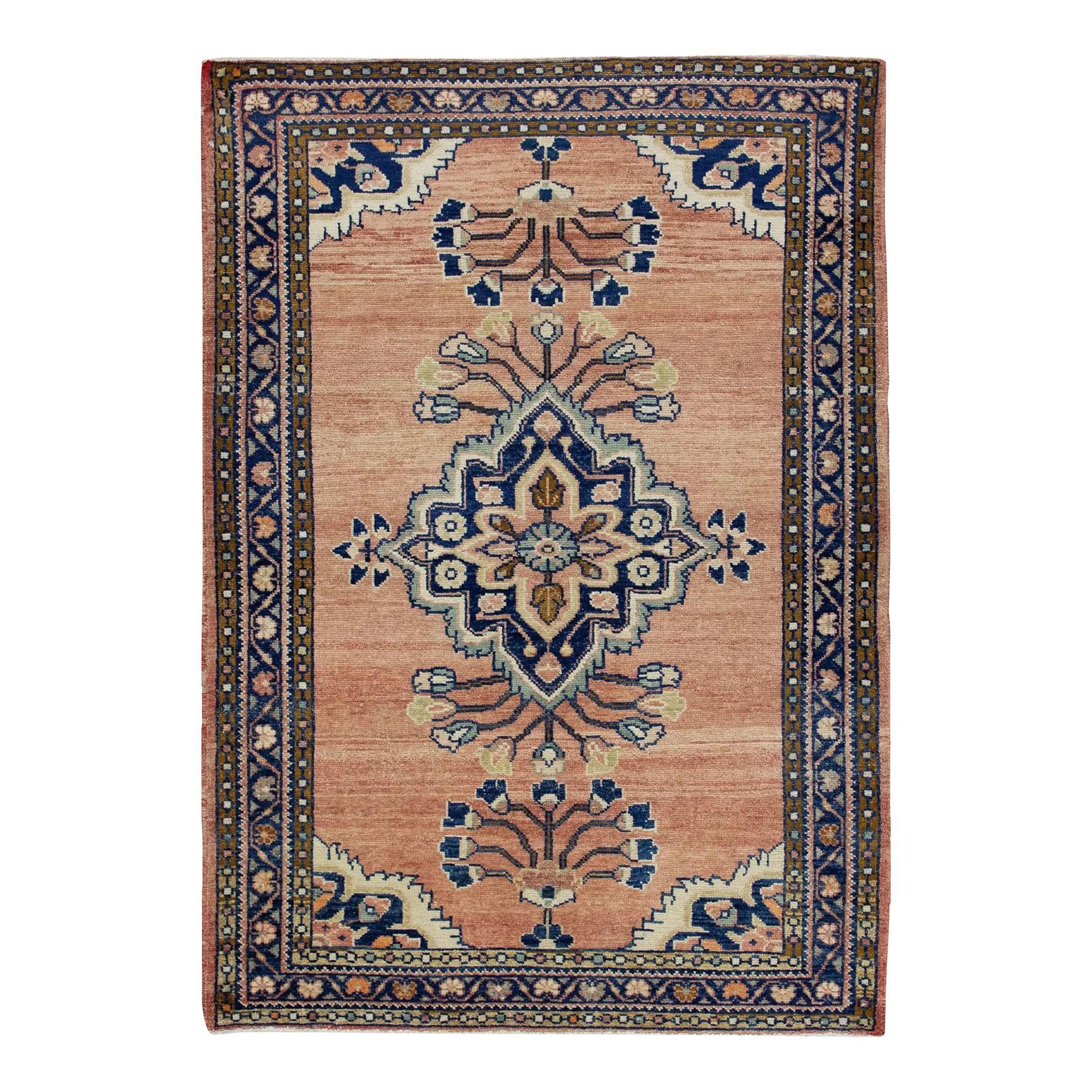 1960s Salmon & Blue Vintage Turkish Rug 3'6
