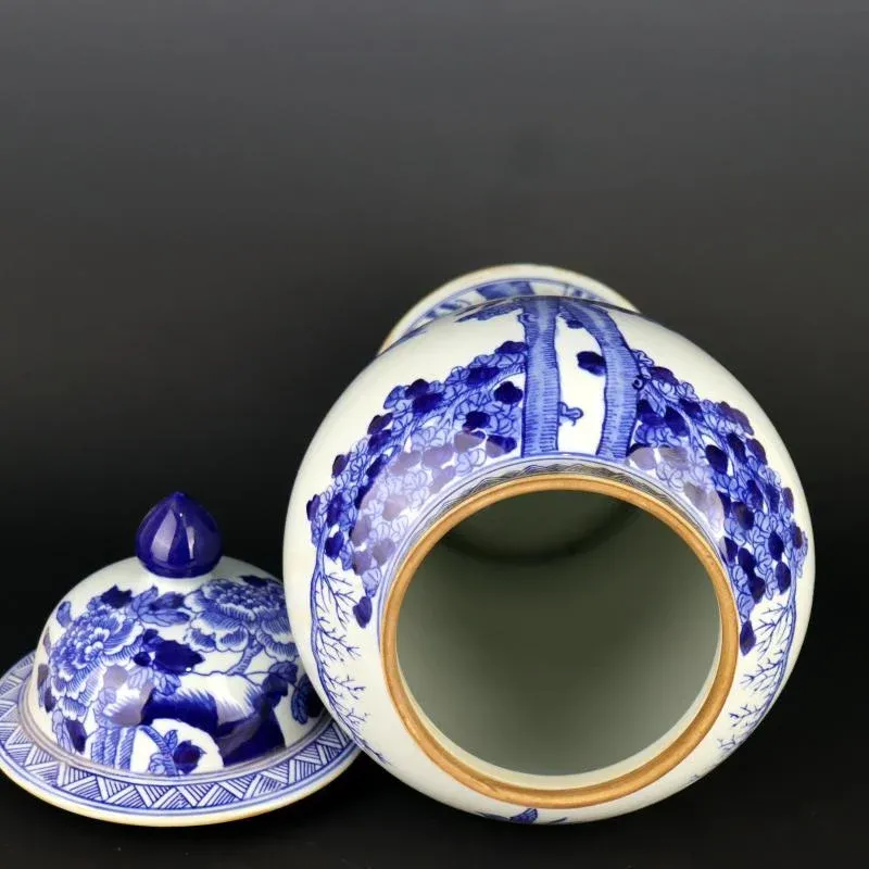 Antique Chinese Ceramic Pot Qing Dynasty Kangxi Marked Blue and White Porcelain Ginger Jar Hand Painted Flowers and Birds Pattern