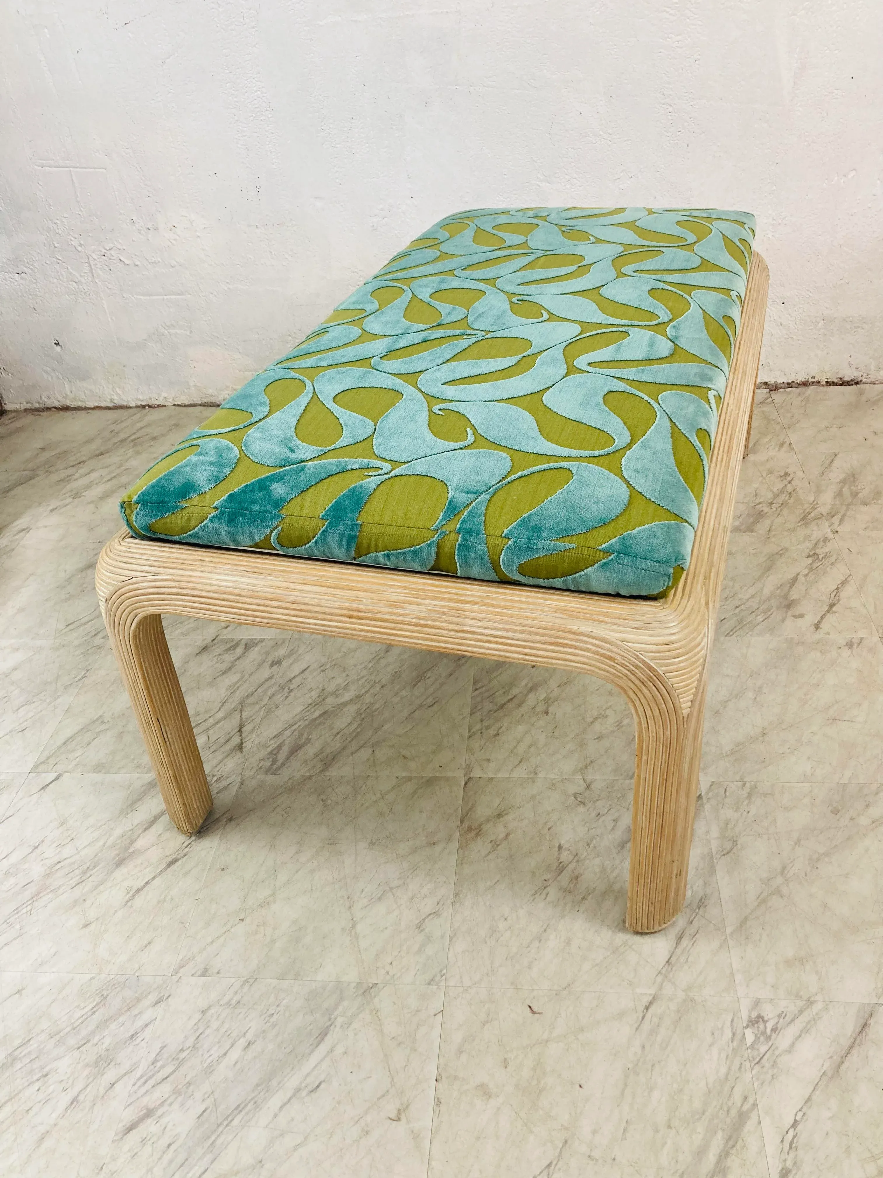 Vintage Pencil Reed Rattan Bench, Newly Upholstered