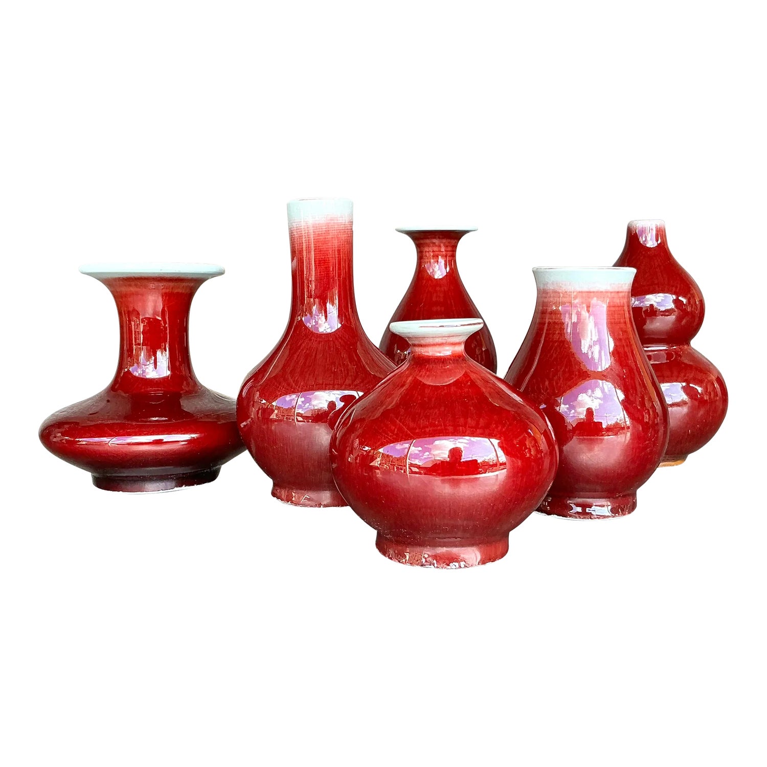 Vintage Asian Sang De Beauf Glazed Ceramic Vases - Collection of 6