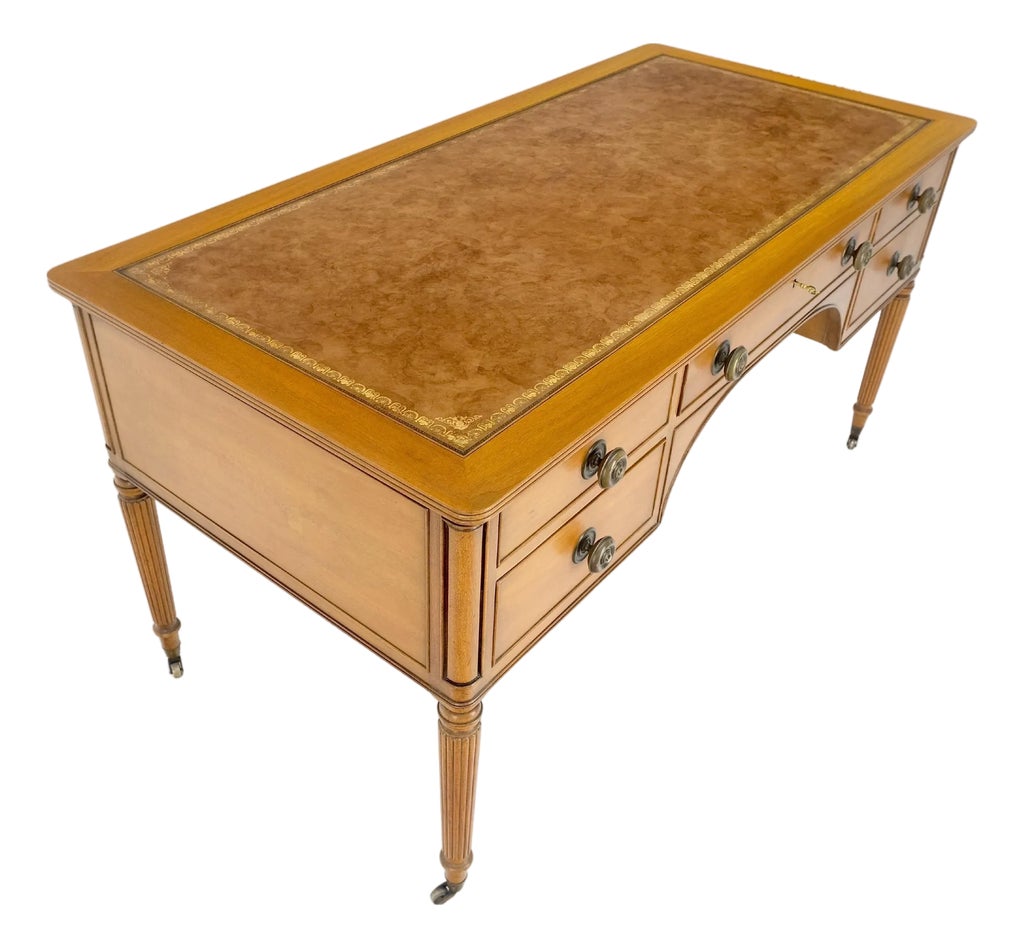 Kittinger Light Walnut Leather Top 5 Drawer Fluted Leg Partner