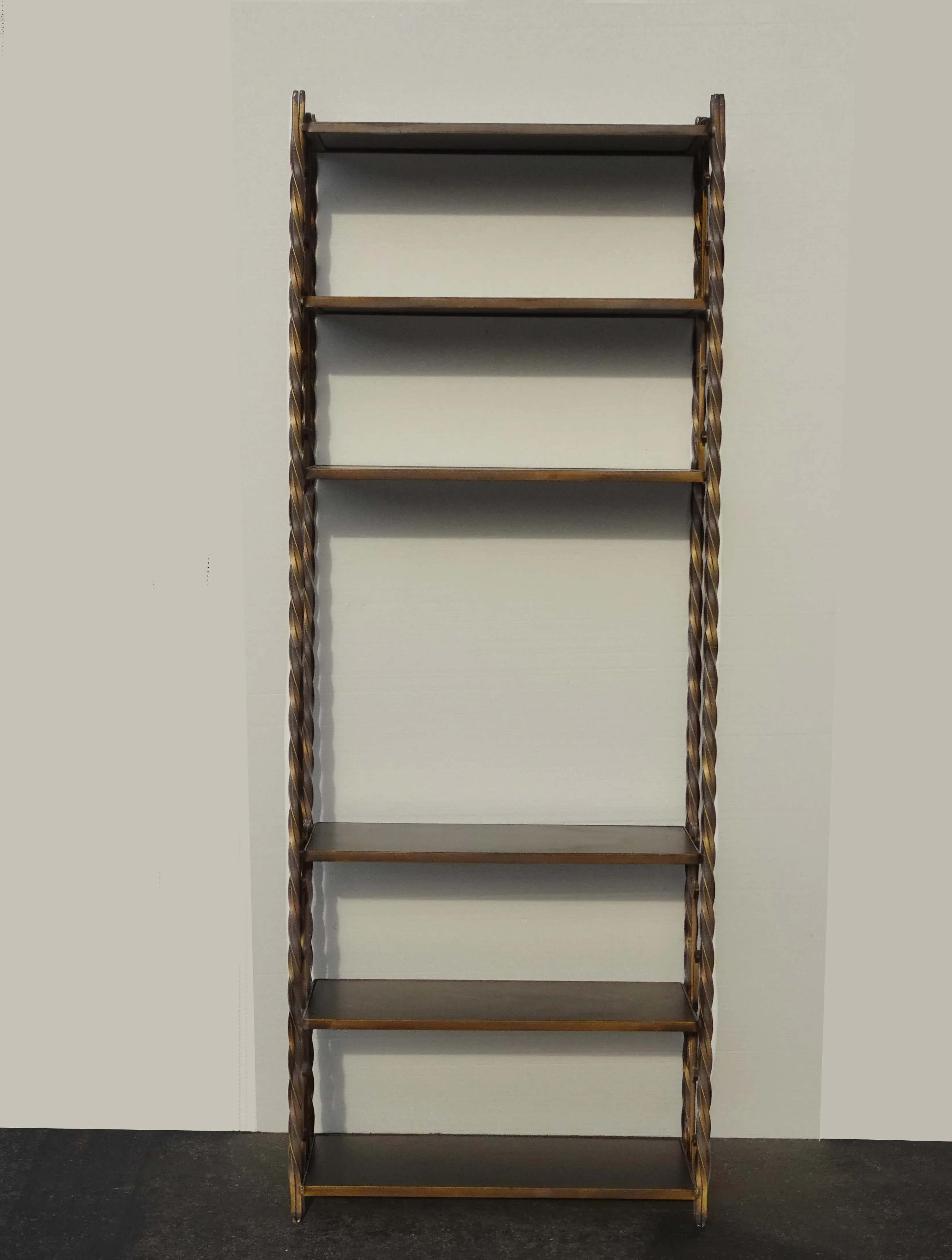 Vintage Mid Century Gold Steel Twist Etagere Bookcase W Ornate Side Accents