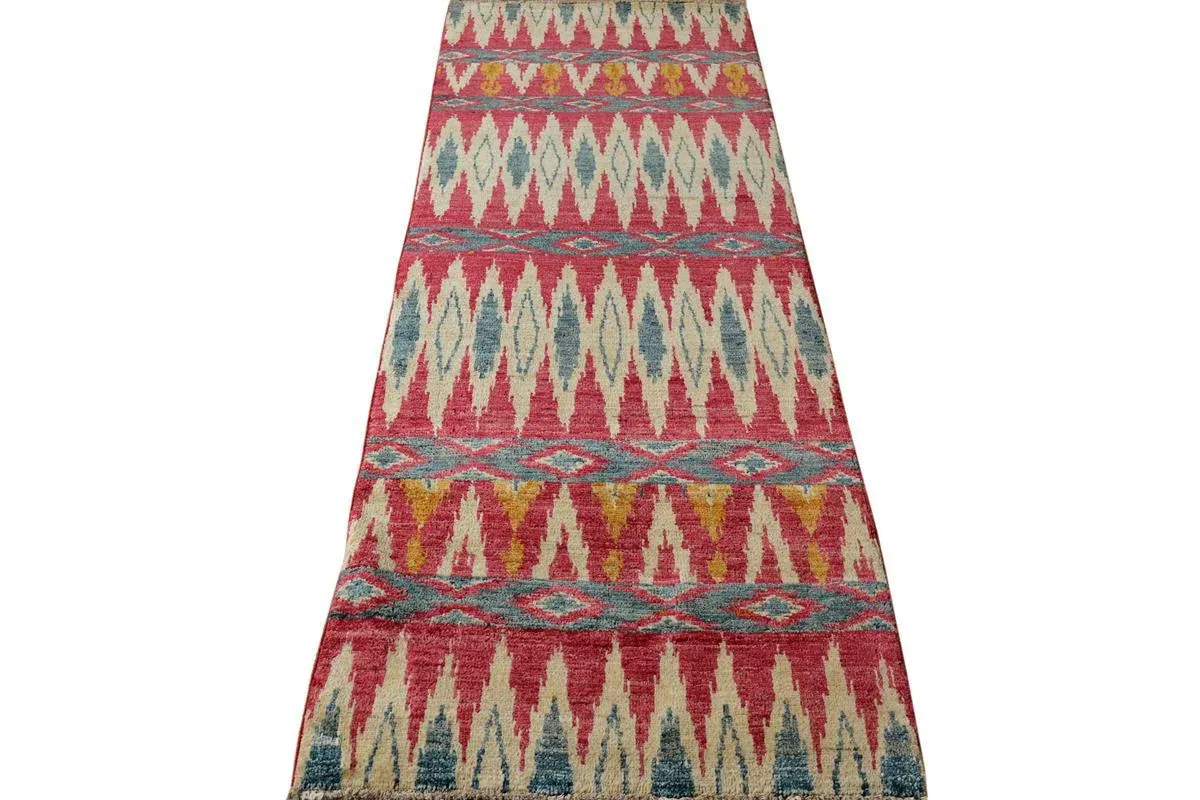 1990s Modern Kafkaz Pink Green Wool Runner - 2\'7\