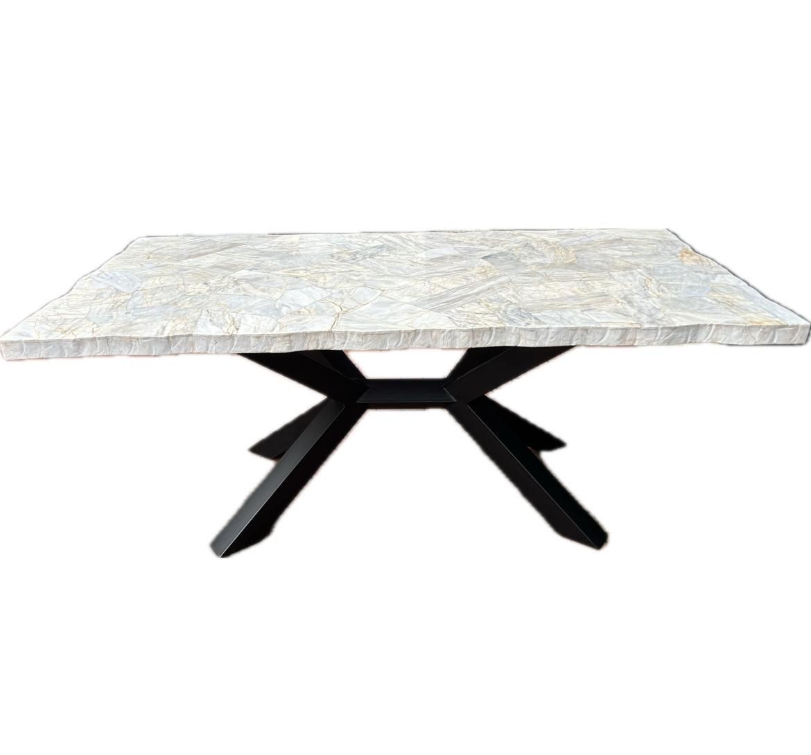 Arhaus Petra White Century Marble Rectangle Dining Table With Matte Black  Metal Base
