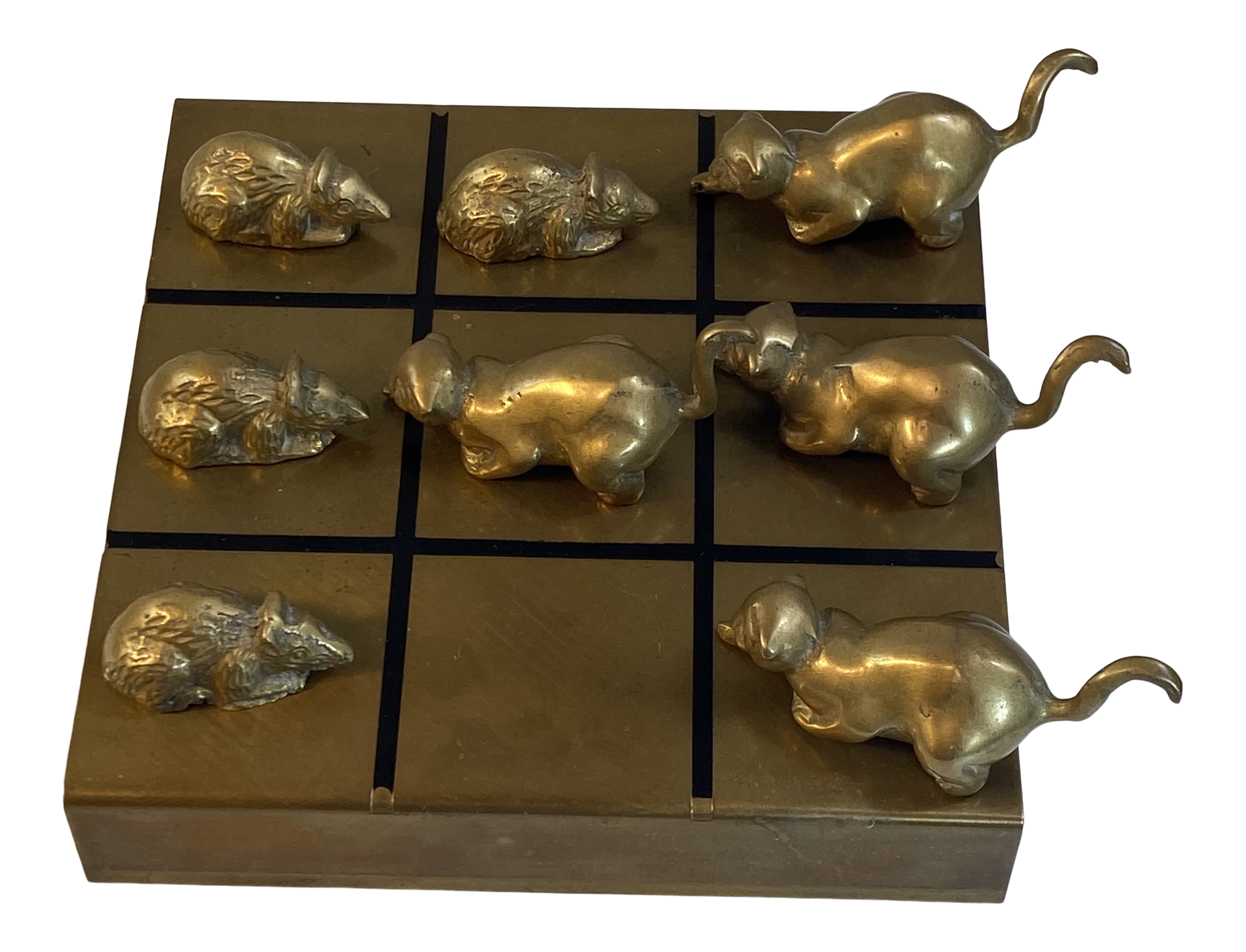 1970s-modern-brass-cat-and-mouse-tic-tac-toe-game-sculpture-9-pieces-chairish