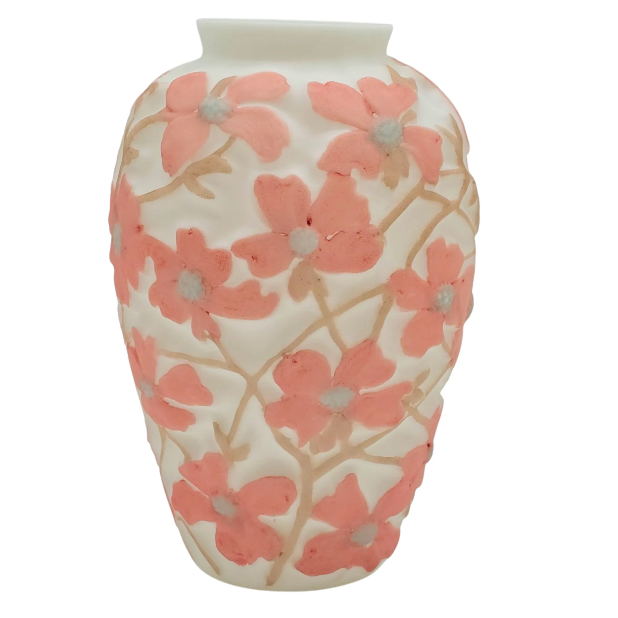 1930s Art Deco Phoenix Glass Vase With Raised Pink Dogwood