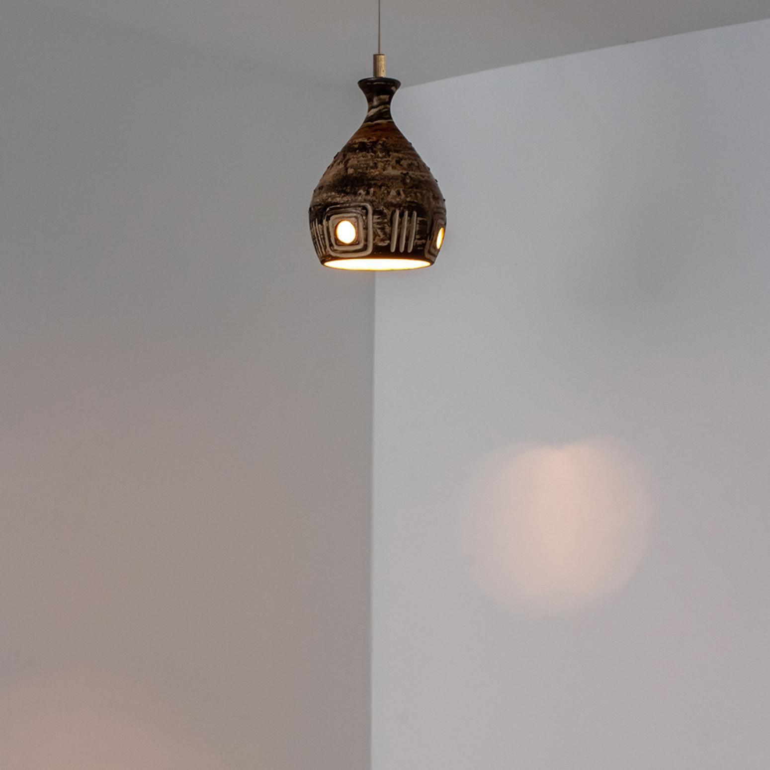 Brown Beige Ceramic Pendant Light, Denmark, 1970s