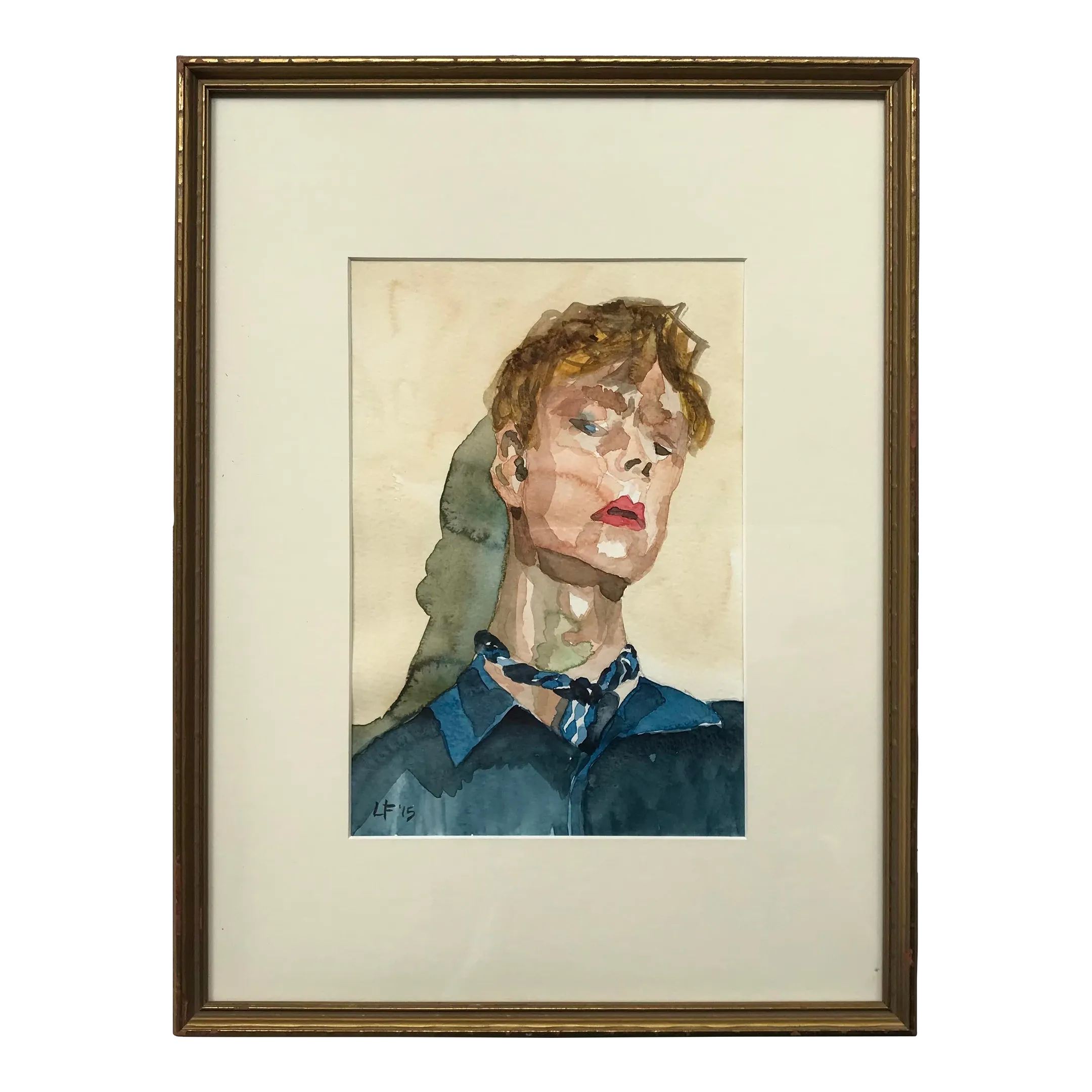 Modern Expressionist Portrait Original Watercolor Painting in Vintage Giltwood Frame